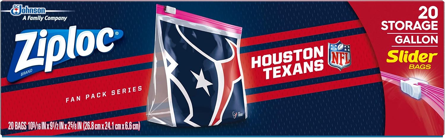 Ziploc Slider Storage Gallon Bag, Great for grab-and-go snacking, tailgating or homegating, 20 Count- NFL Houston Texans