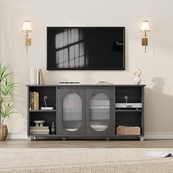 IDEALHOUSE TV Stand for 65 TVs with Fluted Glass Media Console, Black
