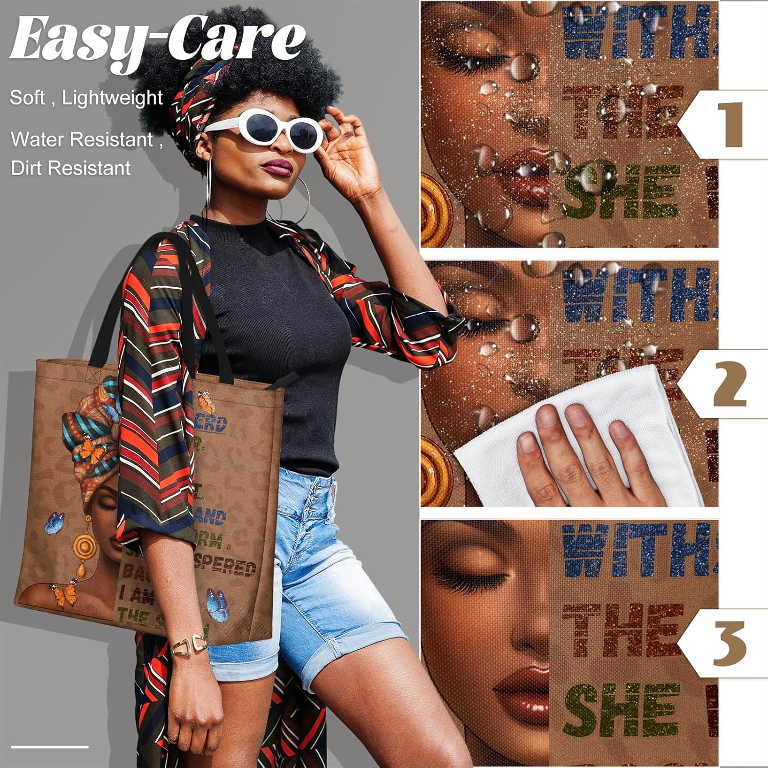 African American Women Tote Bag Black Shoulder Handbag For Women Fit Work Beach Labtops With Zip - Image 6