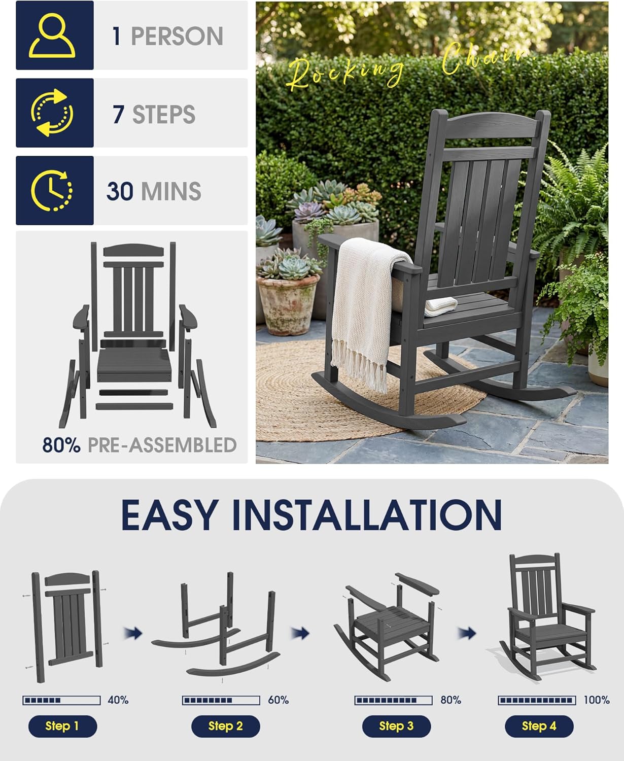 KINGYES Oversized HDPE Patio Rocking Chair Set of 2, Outdoor Rocking Chairs Porch Rocker for Adults, Grey