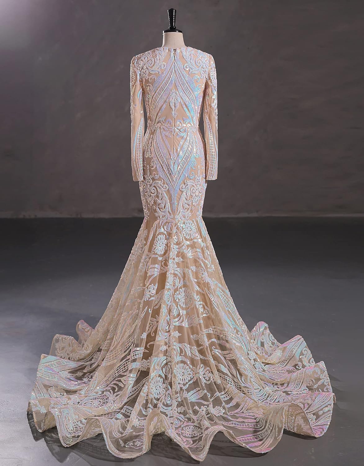 Women's Deep V-Neck Sequins Long Sleeves Mermaid Evening Dress