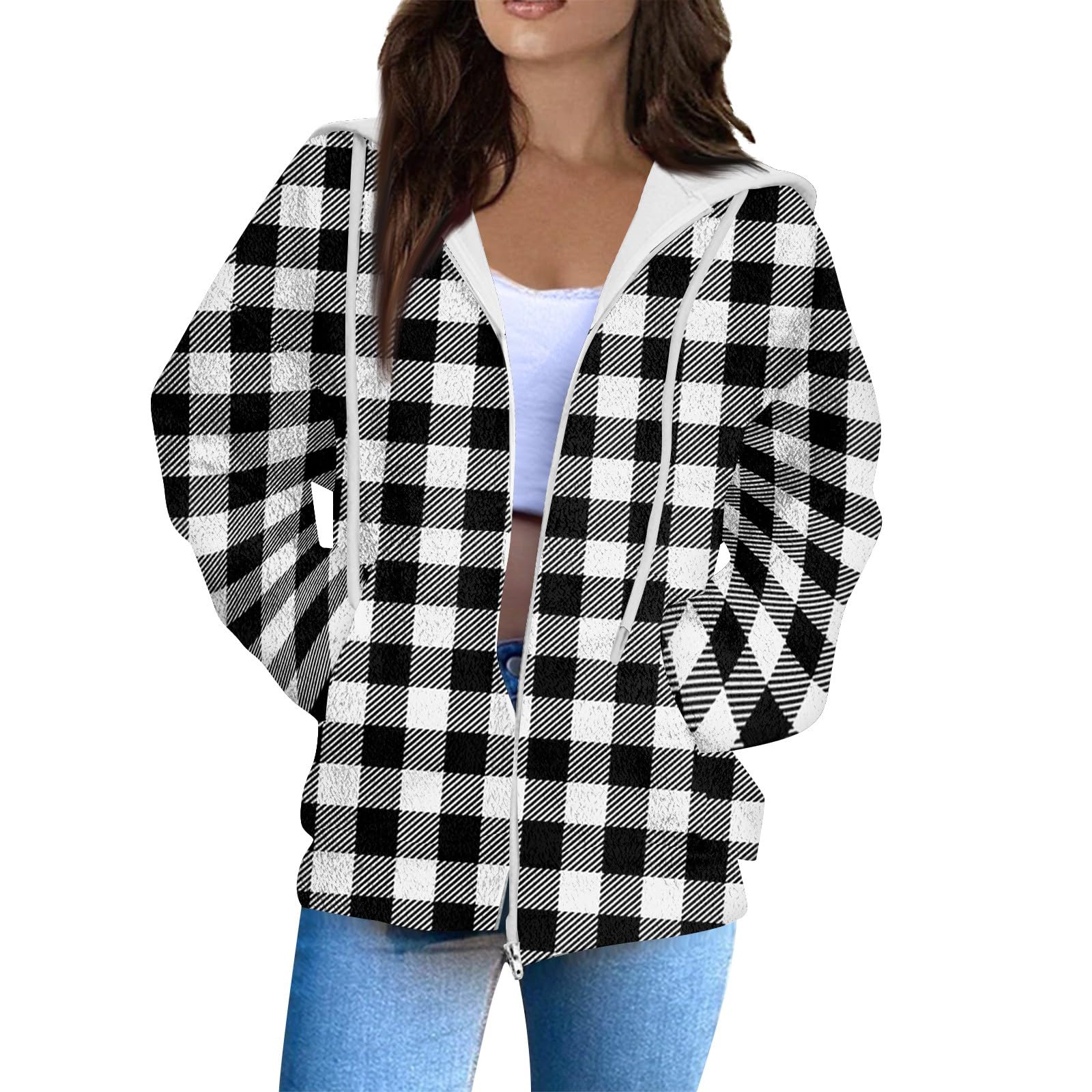 Generisch Sweatjacke Damen Mit Kapuze Winterjacke Elegant Kapuzenjacke Kariert Aufdruck Damen-Jacken Mit Taschen Sportjacke Langarm Mantel Winter Warm Jacke Mit Reissverschluss Wintermantel Outdoor