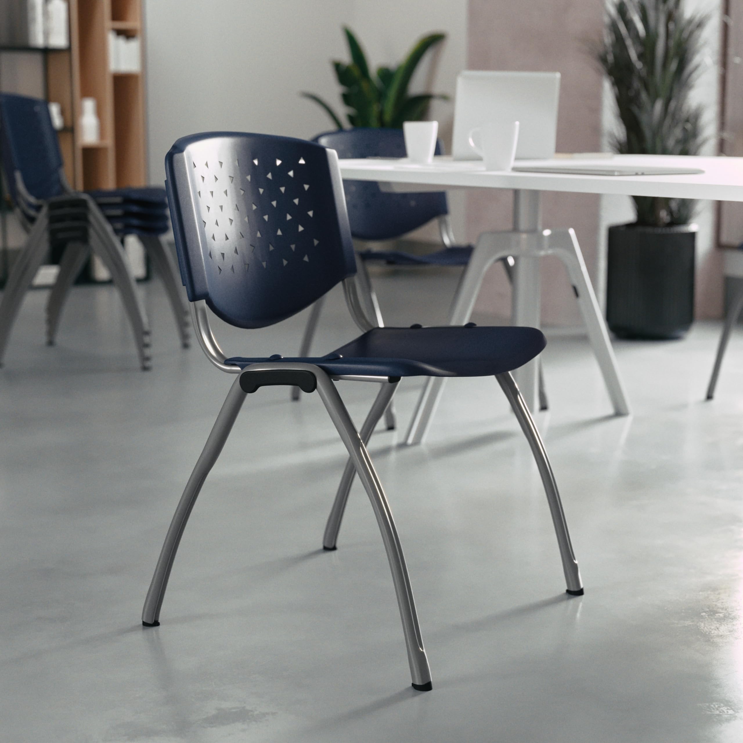 BizChair Home and Office Navy Plastic Stack Chair with Perforated Back - Guest Chair