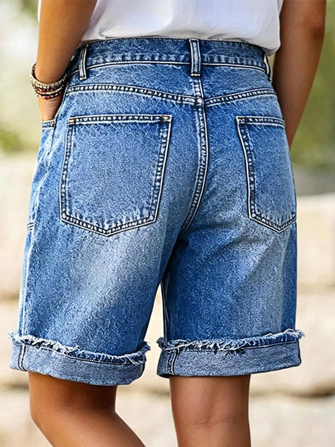 Flamingals High Rise Bermuda Washed Roll Hem Keen Lenngth Shorts for Women
