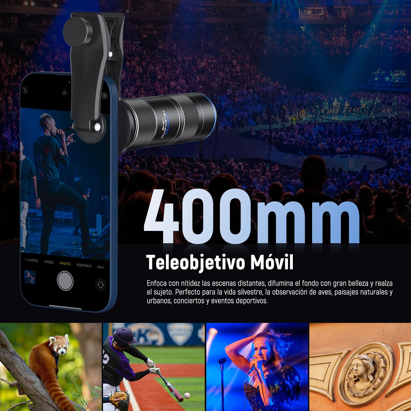NEEWER 400mm Telefoto Móvil Cámara Objetivo con 17mm Rosca Lens Clip, 70cm Enfoque Macro Mínimo, Disparo Zoom 2X, para Placa Trasera, Phone Cage, Case Compatible con iPhone Samsung Android, LS-78