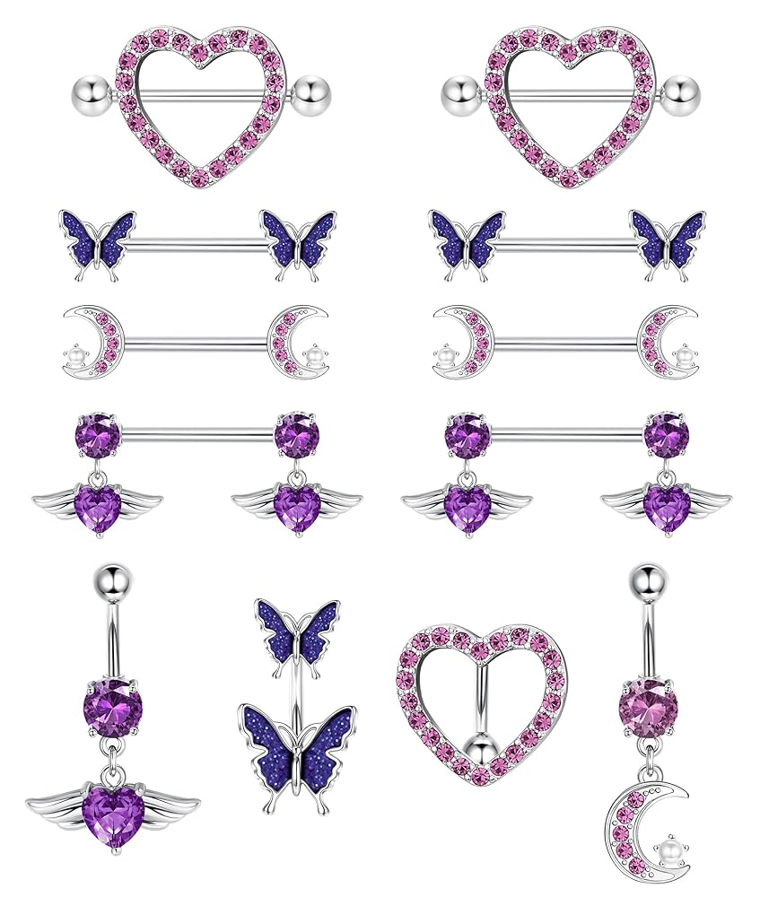 6 Paia Piercing Capezzolo In Acciaio Chirurgico - Con Zirconi Rosa E B 395530 - Foto 5