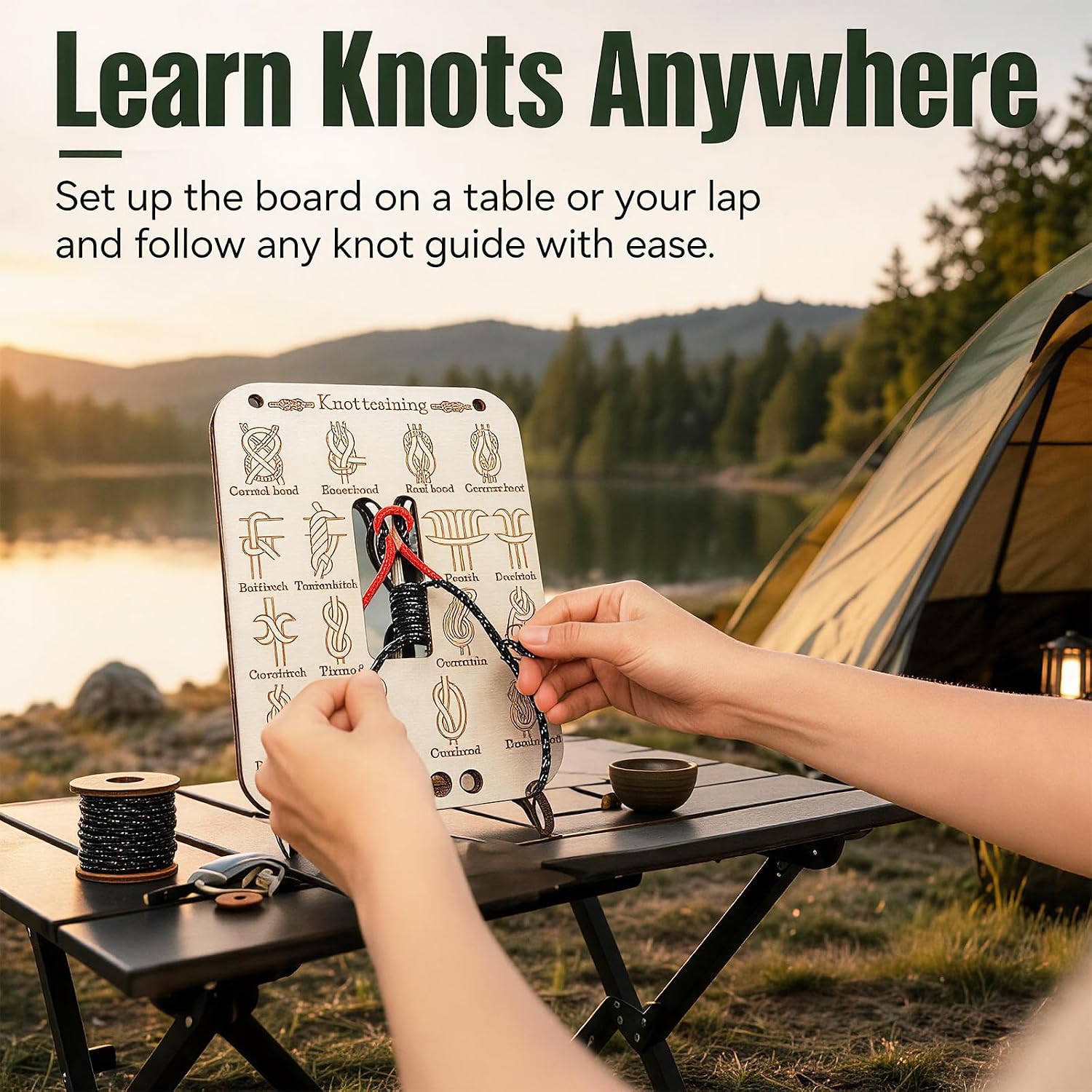 2 Pcs Knot Tying Kit, Including 1 Learning Knot Training Board and 1 Set Camping Knot Cards, with Knotting Methods for Outdoor Camping and Rock Climbing Practice