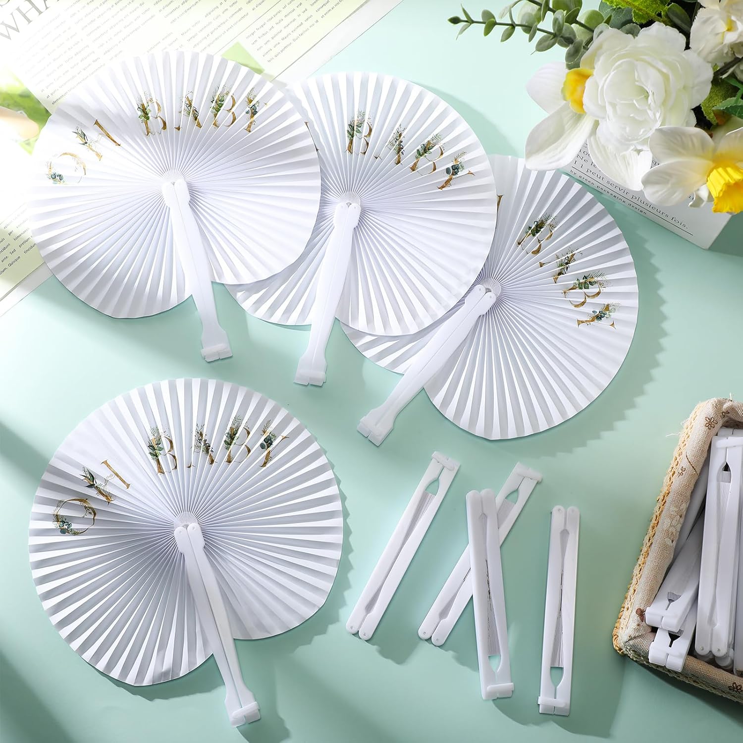 Kathfly 50 Pcs Baby Shower Party Favors for Guests Baby Shower Folding Paper Handheld Fans Foldable Round Paper Fan for Gender Reveal Party Favors Gifts