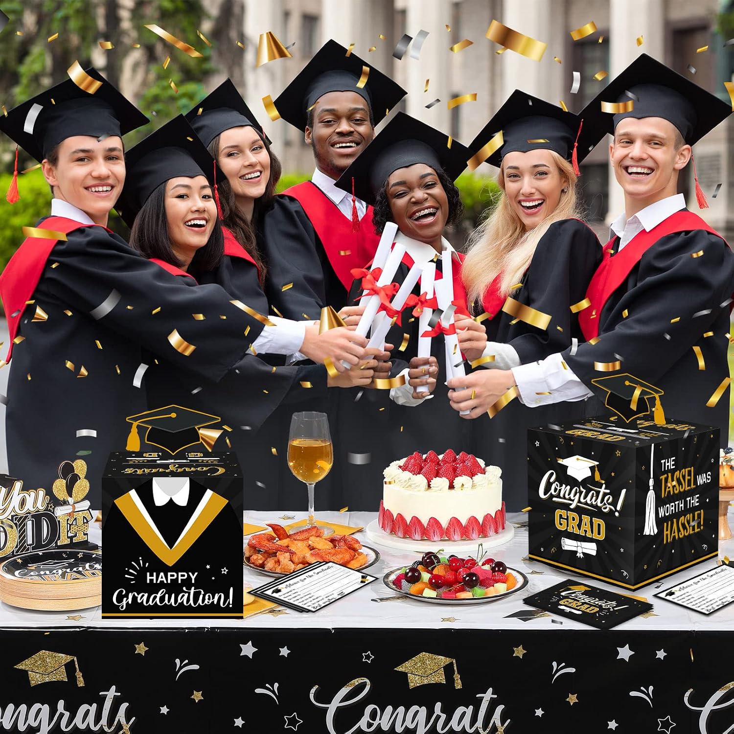 Funrous Large 2026 Black and Gold Graduation Card Box with 30 Pcs Advice Card Gift Money Box Congrats Grad 3D Cap Top Holder Class of 2026 Party Decorations College Graduation Supplies