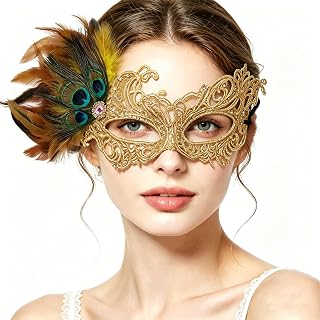 jayuwe Gold Lace Masquerade Masks for Women, Vintage Venetian Half Face Mask with Feather Pendant for Antifaz Para Fiestas Party, Wedding, Mardi Gras, Photoshoot