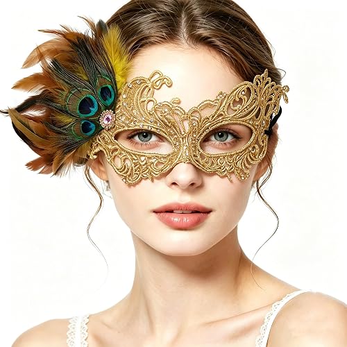 Gold Lace Masquerade Masks for Women, Vintage Venetian Half Face