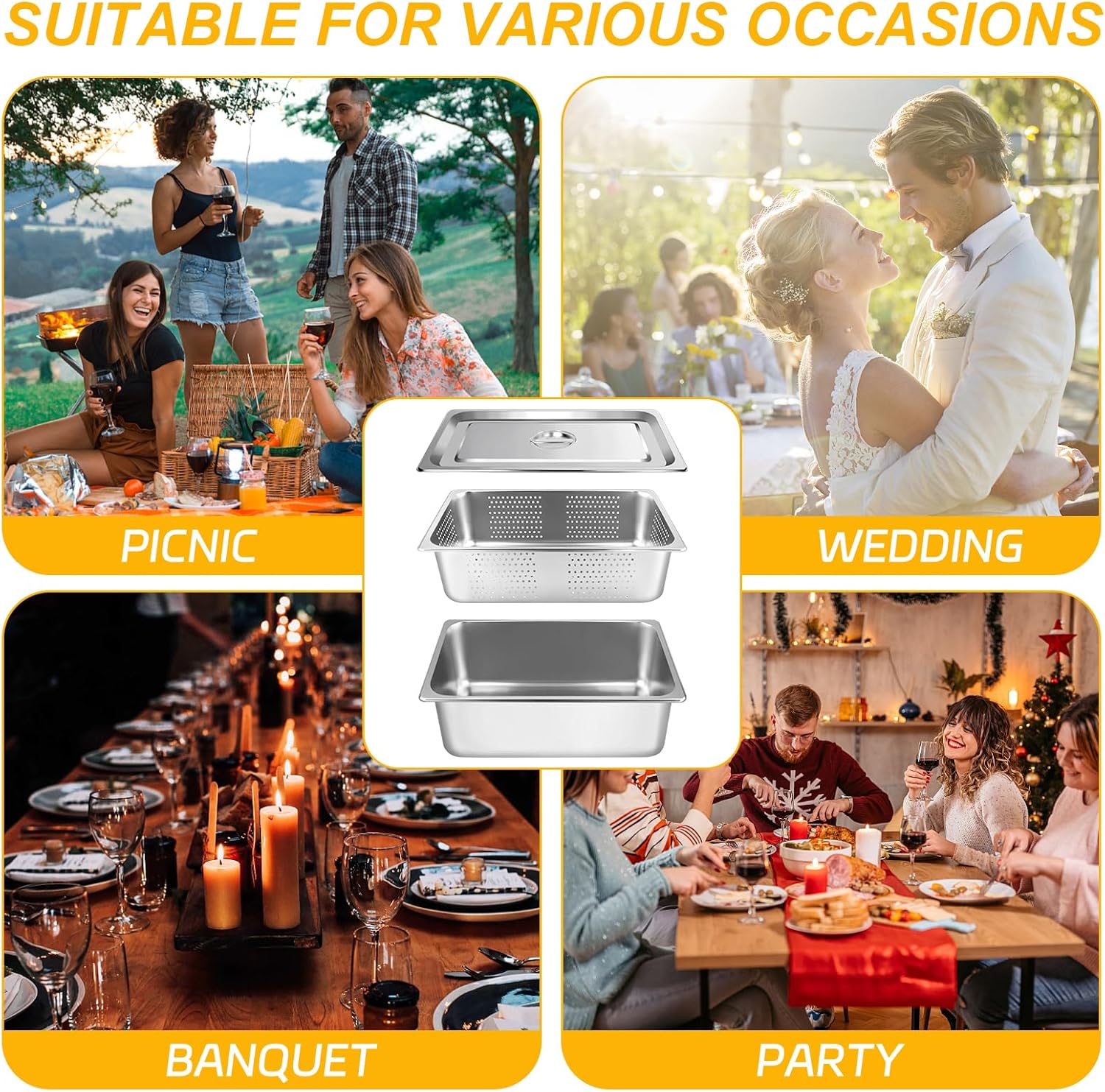 3 Pack Full Size 6 Inch, 8 Inch Hotel Pan with Lid Perforated Steam Table Pan Chafing Pans Steam Table Tray Stainless Steel Restaurant Supplies for Buffets Catering Commercial Kitchen