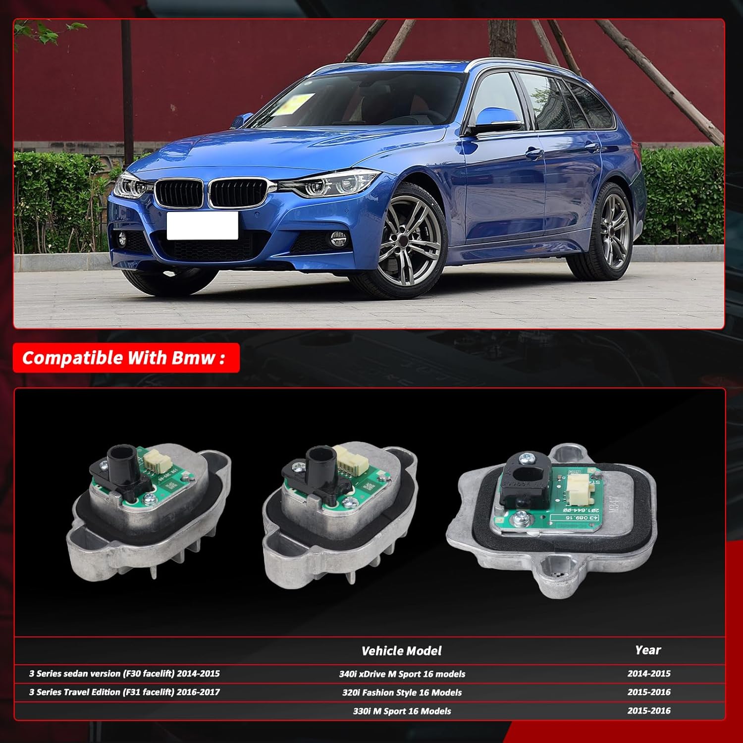 3PCS Daytime Running Light DRL Headlight Insert Diode Module For BMW 2012-2019 3 Series 320i 325i 328i 330i M3 OE: 63117419610 (3-PIN+6-PIN) 63117419615 (LED Light 3-piece Set)