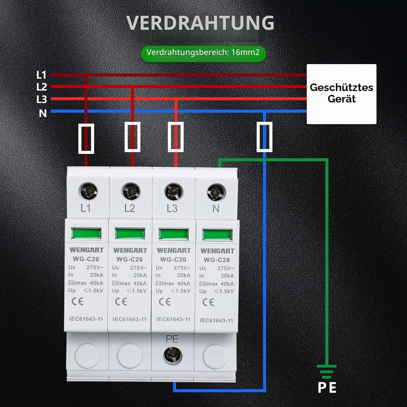 Wengart Überspannungsschutz Typ 2 (SPD), 4-polig 20kA-40kA, AC 275V, Hausableiter für TN-S & TT-Systeme, Blitzschutzmodul für DIN-Schiene, Steckbar & mit Statusanzeige, WG-C20