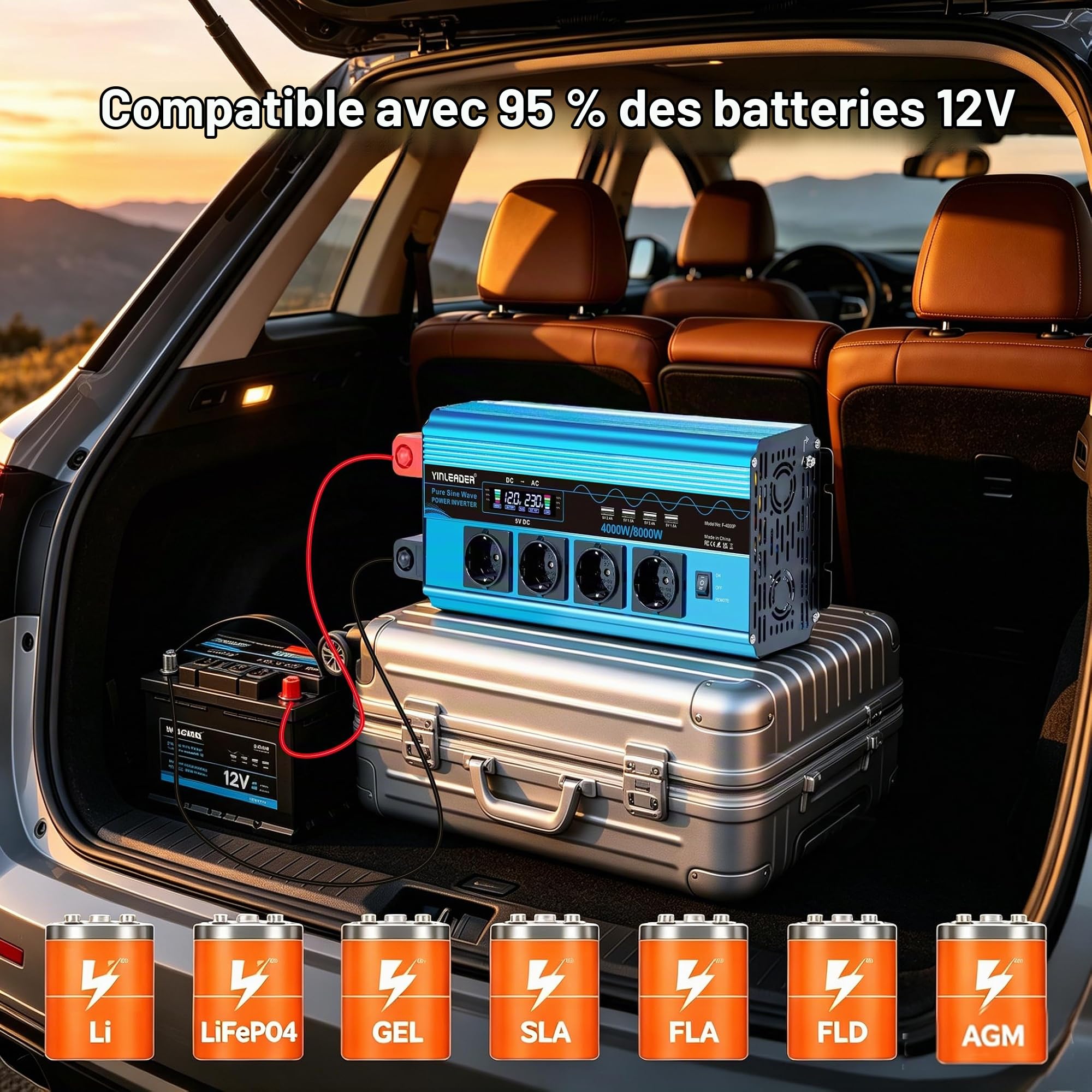 Yinleader Convertisseur 12V 220V Pur Sinus 4000W/8000W Convertisseur de Tension LCD | 4 USB (avec télécommande)
