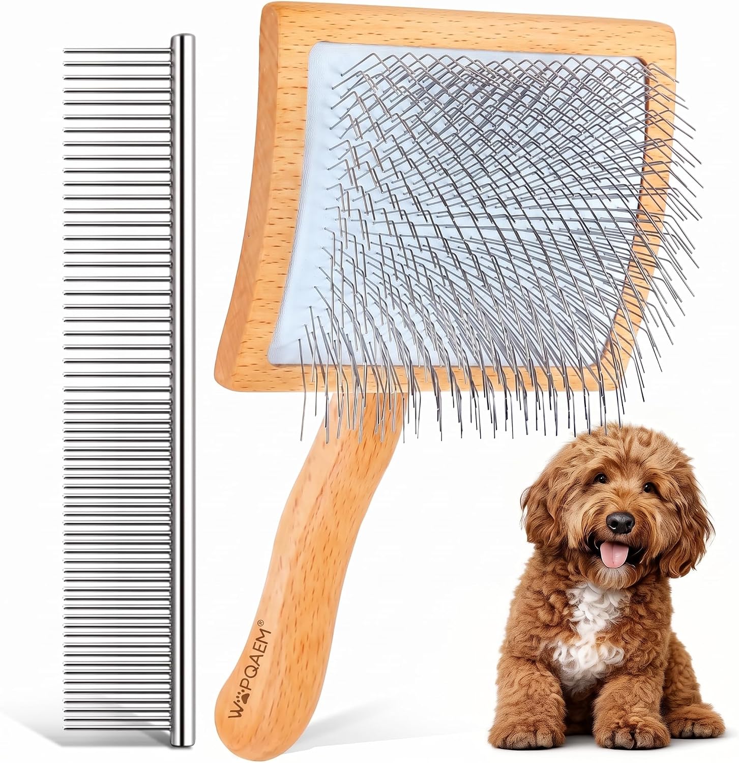 Dog Slicker Brush & Comb Set, Long Pin Grooming Brush for Goldendoodles, Poodles, Doodles & Long-Haired Dogs & Cats, Large De-Shedding & Dematting Brush with Ergonomic Wooden Handle, Woode