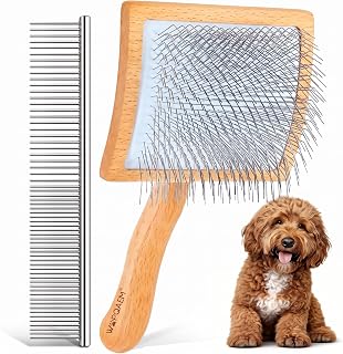 Hundebürste für Langhaarige Hunde, Slicker Bürste für Pudel Cockapoo, Cavapoo, Goldendoodle, Labradoodle,Entwirrt Knoten, Ergonomischer Griff, Sanfte Fellpflege - Holzgriff