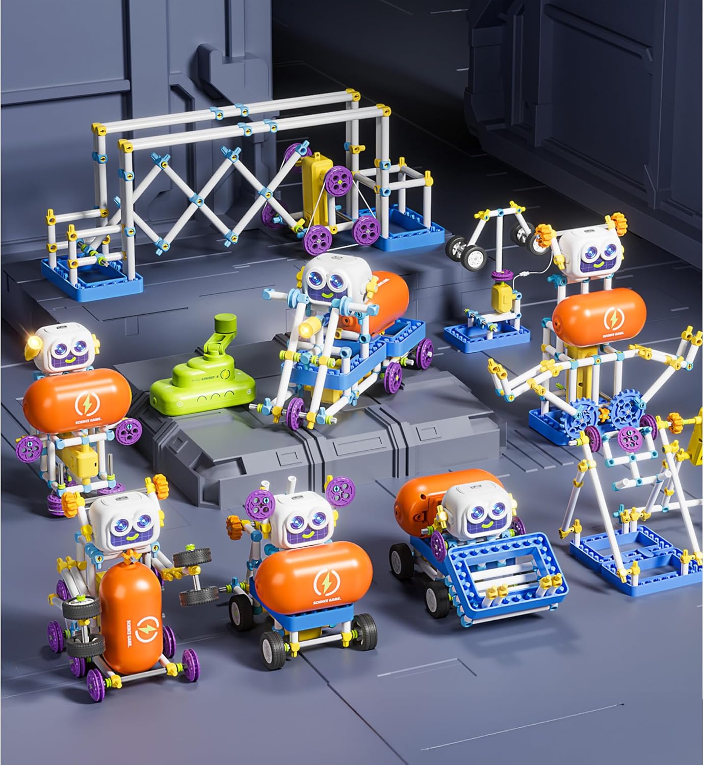 SMILESSKIDDO Friction Powered Tow Truck with Light & 50-in-1 Robot Kit, 438 Pcs DIY Educational Science Kit