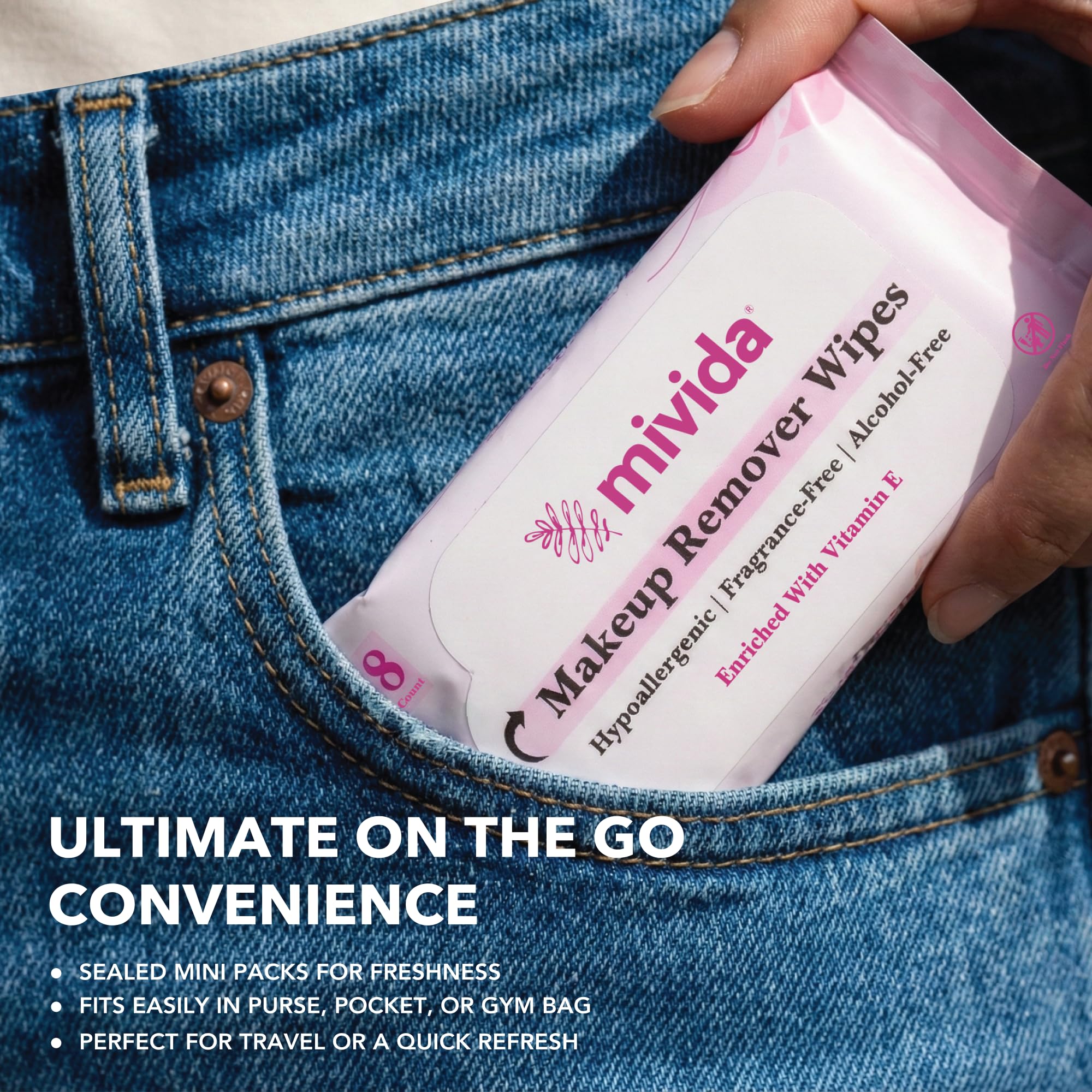 mivida Salviette struccanti ipoallergeniche con vitamina E, senza alcool, senza profumo, per pelli sensibili, formato da viaggio, a base vegetale, 10 confezioni (80 totali)