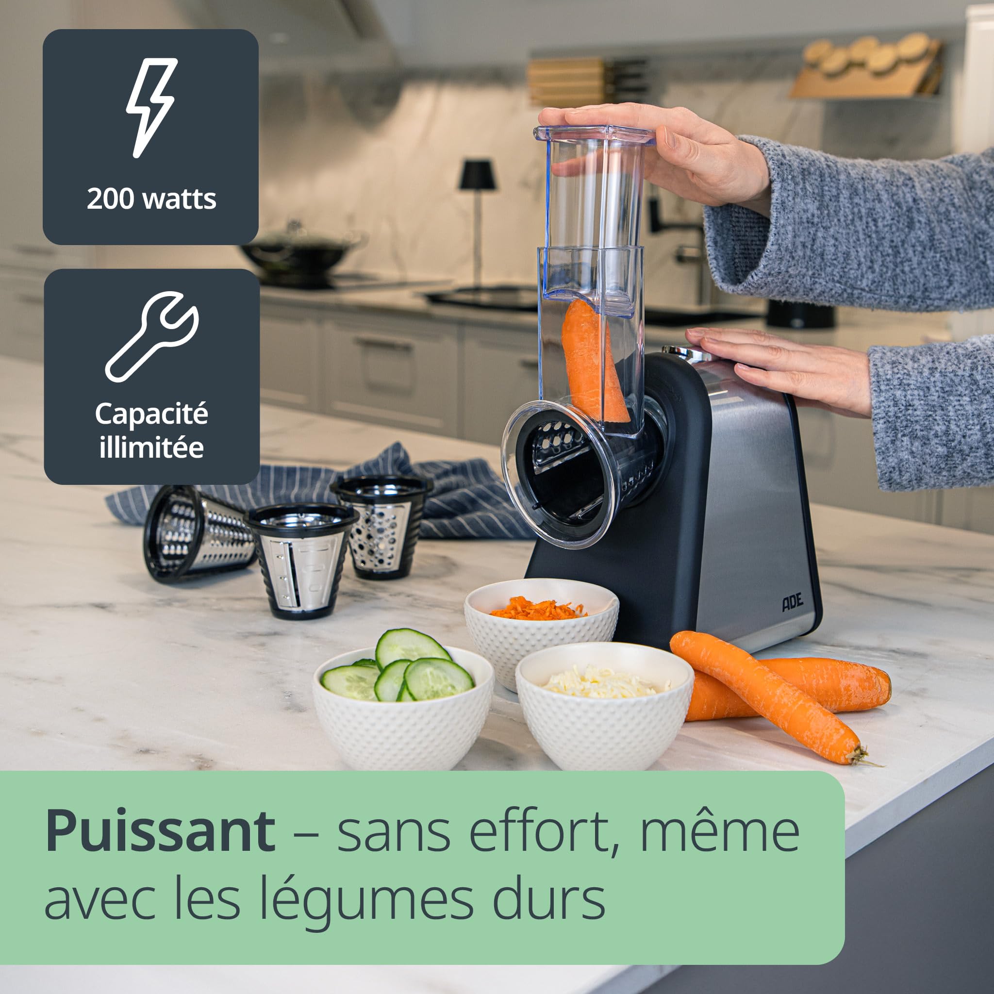 ADE Râpe de cuisine électrique | max. 500 W | découpe legumes facilment, fromage, carottes, chocolat | coupe légumes | 4 accessoires | boîtier en acier inoxydable