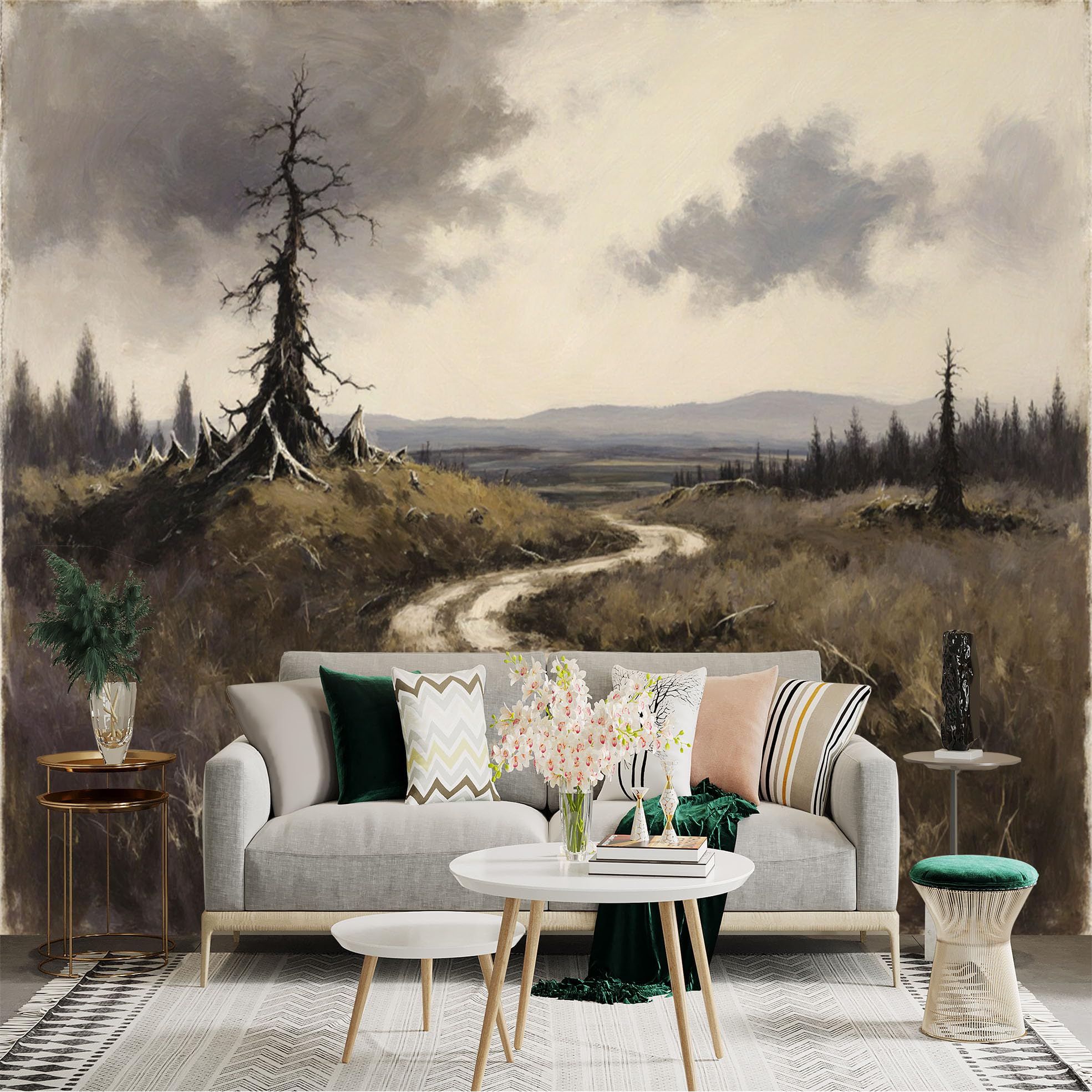 Lnzczhyre Xc260505345 Custom Size Wall Sticker Mural， Winding Path Through Autumn Meadow， Lonely Bare Tree， Moody Cloudy Sky， Oil Painting Style， For Wall Decoration， Peelandstick Wall Decals.