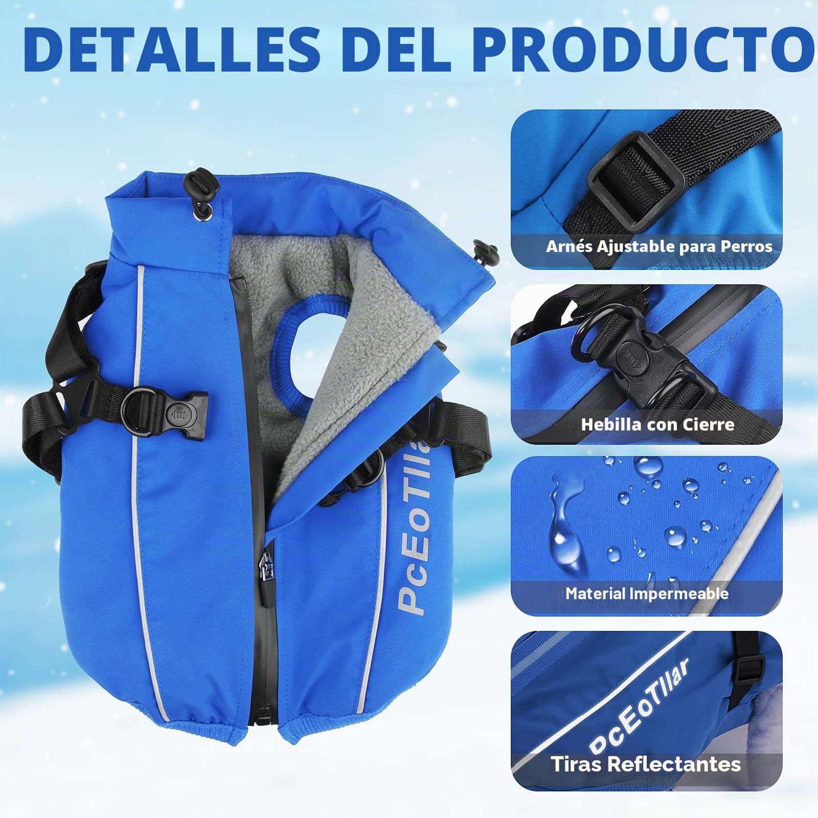 PcEoTllar Abrigo Impermeable para Perros pequeños, Chaqueta Reflectante cálida con arnés para Invierno, Disfraz de esquí, suéter de algodón para Perro, Azul, S