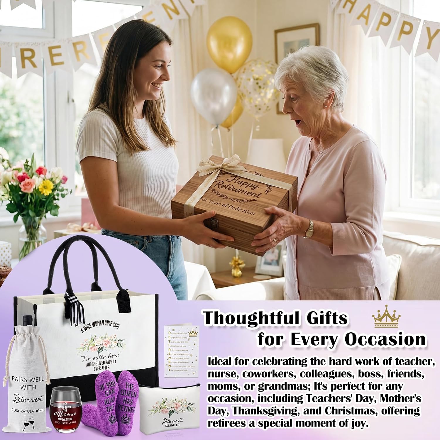 6 Pcs Retirement Gift Set for Women 2026 Happy Retired Ideas Presents Greeting Card Cosmetic Pouch Tote Bag Wine Bag Socks Glass for Female Teacher Nurses Coworker Grandma Mom Friends Boss
