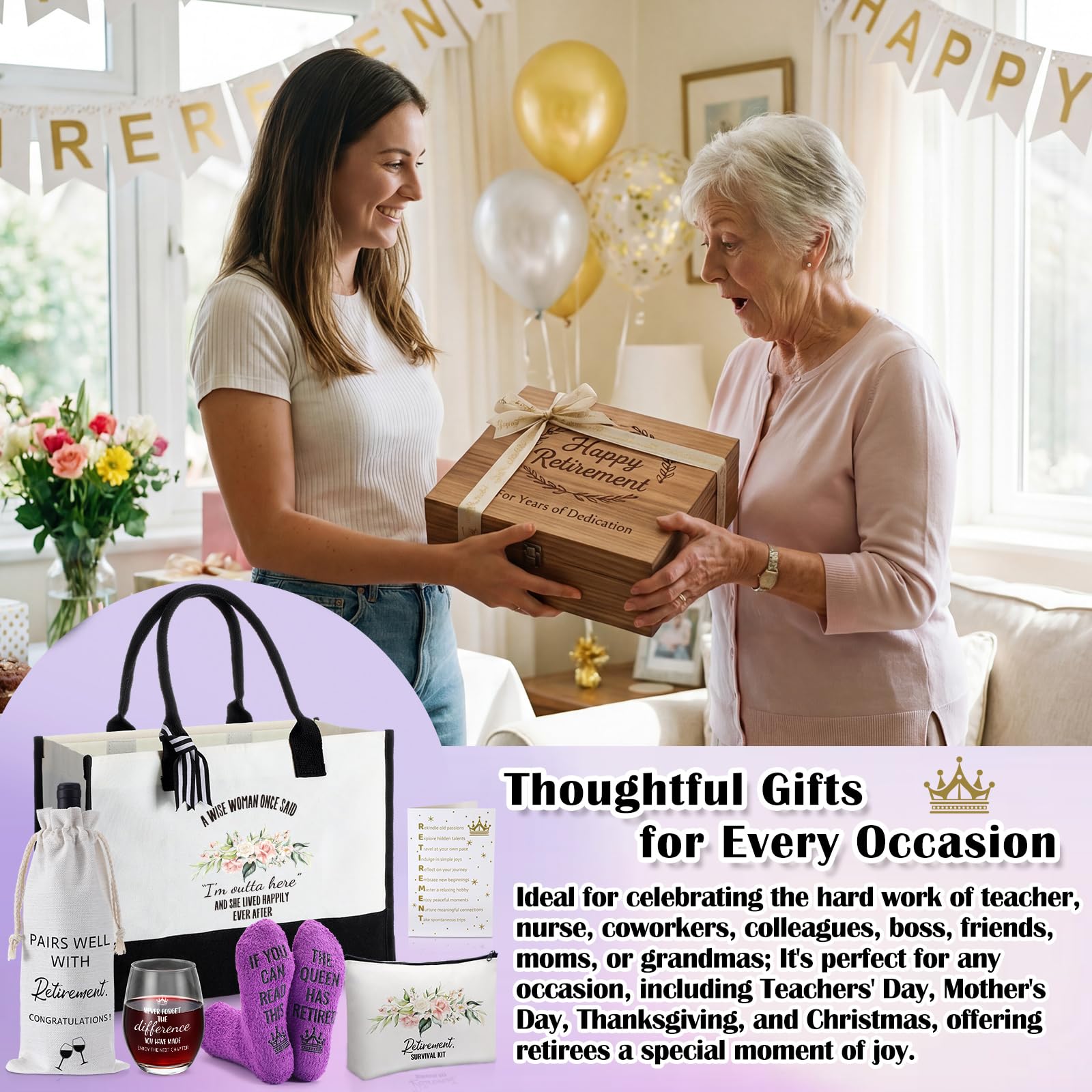 6-Piece Retirement Gift Set for Women with Tote, Wine Glass and Greeting Card