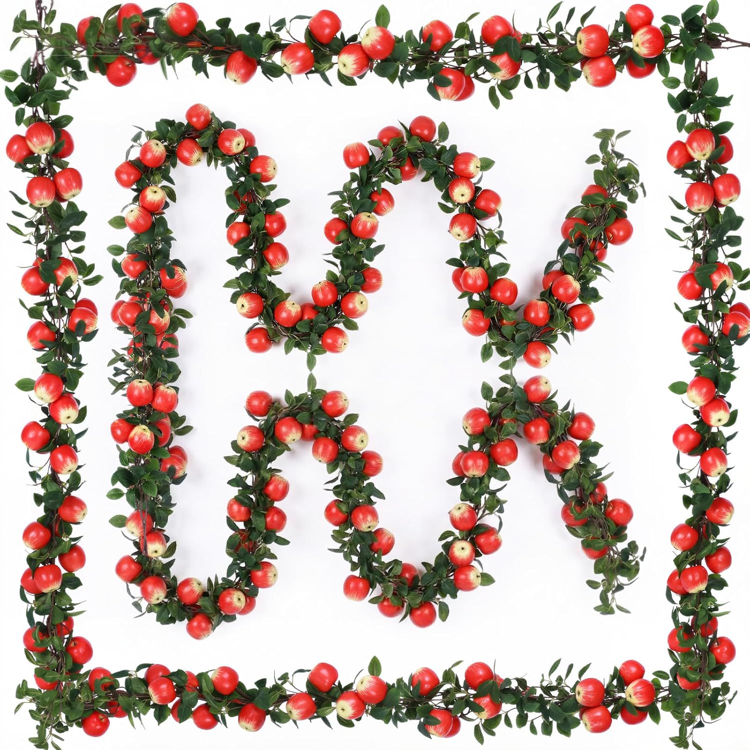 3 Pcs Artificial Apple Garland 57inch Fake Apples Bunch Strings with Stem and Leaves Fruit Hanging Vines Decorations for Kitchen Table Centerpieces Wall Party Birthday