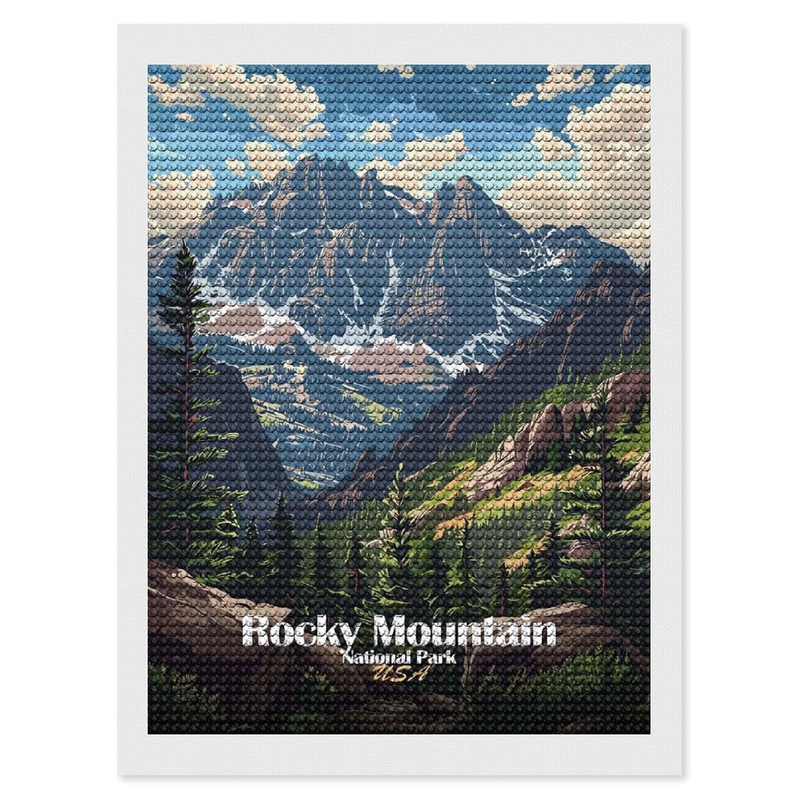 Junmoney Rocky Mountain National Park Illustration(2) Diamond Art Kit 12"x16", Vintage Style Decor, Stress Relief Craft, Decor Project, Relaxing DIY, Creative Hobby