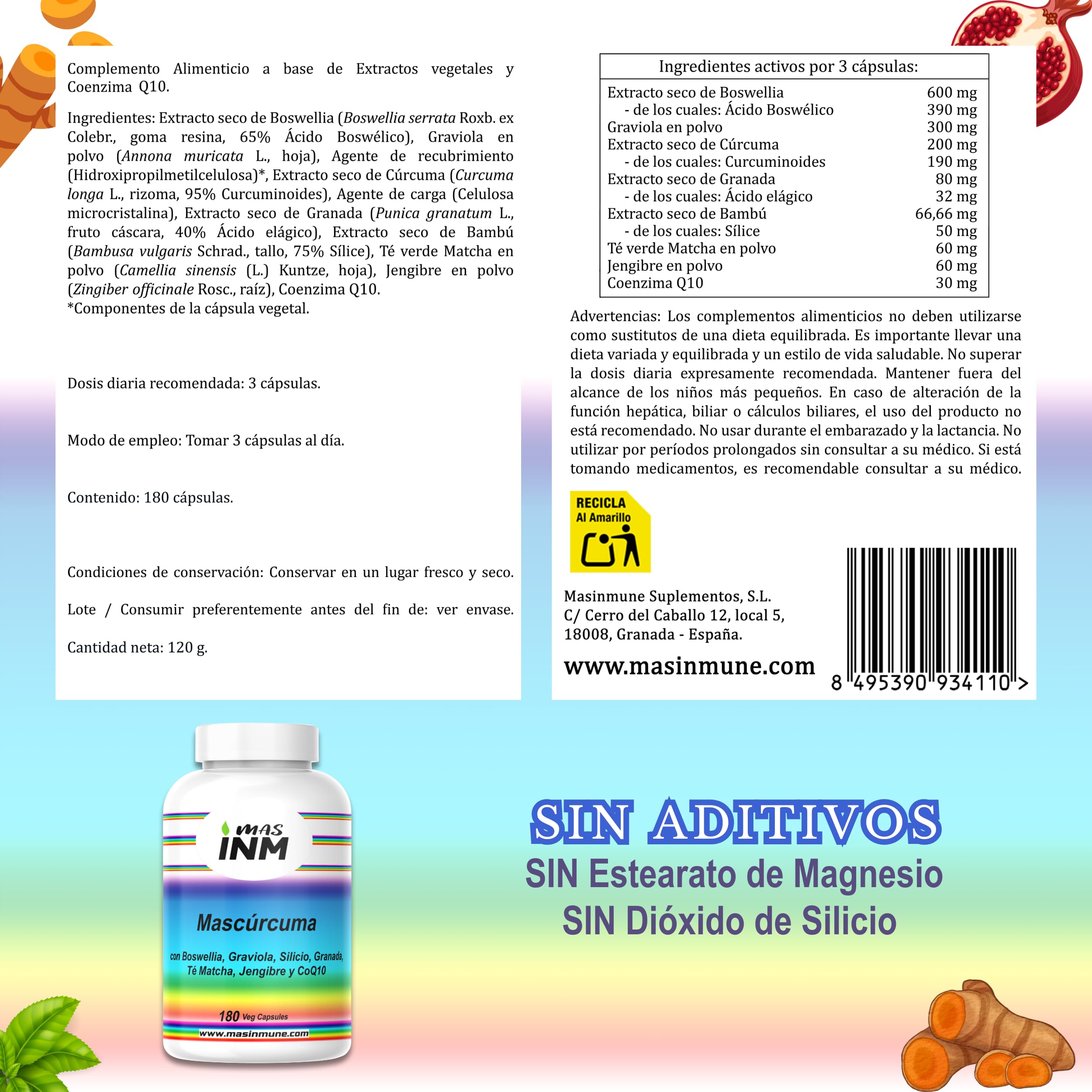 Mascúrcuma – suplemento antiinflamatorio natural con curcumina 95 % – boswellia serrata – jengibre – graviola – granada – té matcha – coenzima Q10 – silicio orgánico – 180 cápsulas vegano – Masinmune