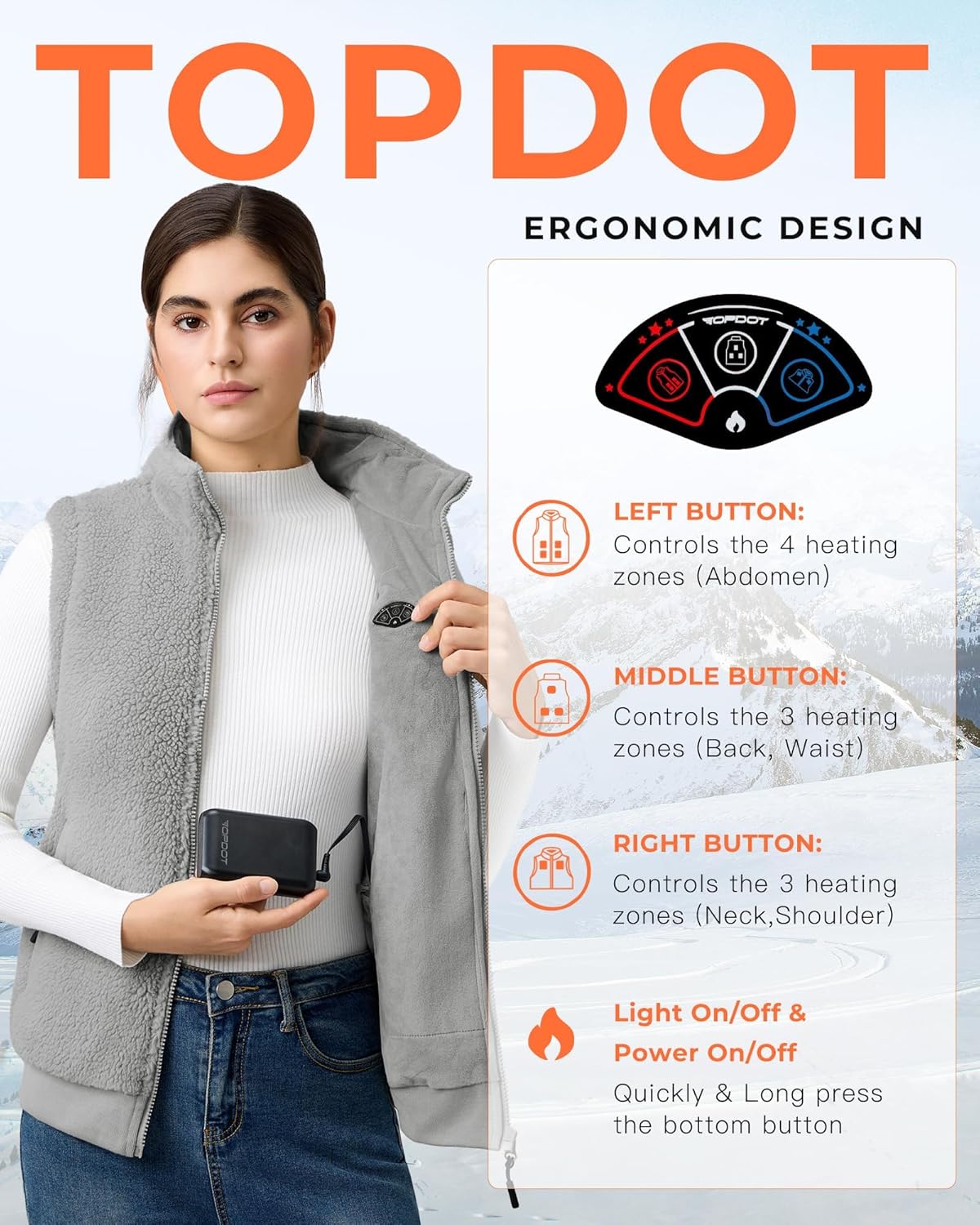 Topdot Fuzzy Fleece Heated Vest for Women with 16000mAh 7.4V Battery, Ergonomic 10 Heating Zones Women's Heated Vest - Image 6