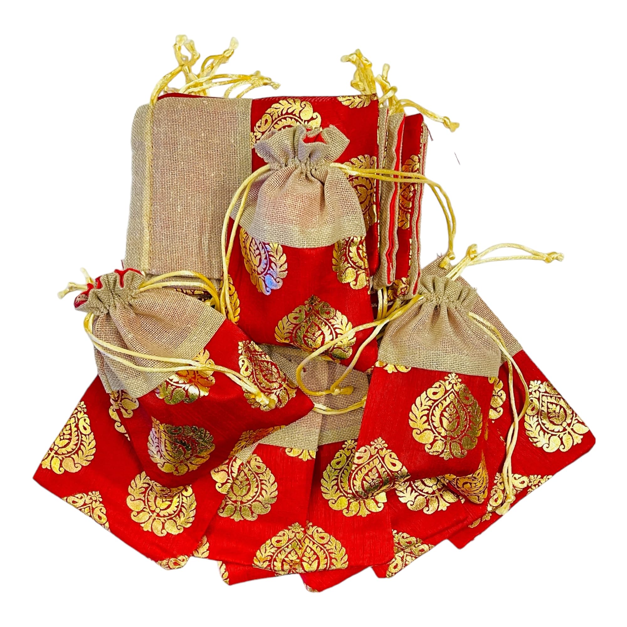 Krisah 10pcs 18 X 12 cm Women Red Printed Silk Half Jute Small Gift Potli Bags for Gifting