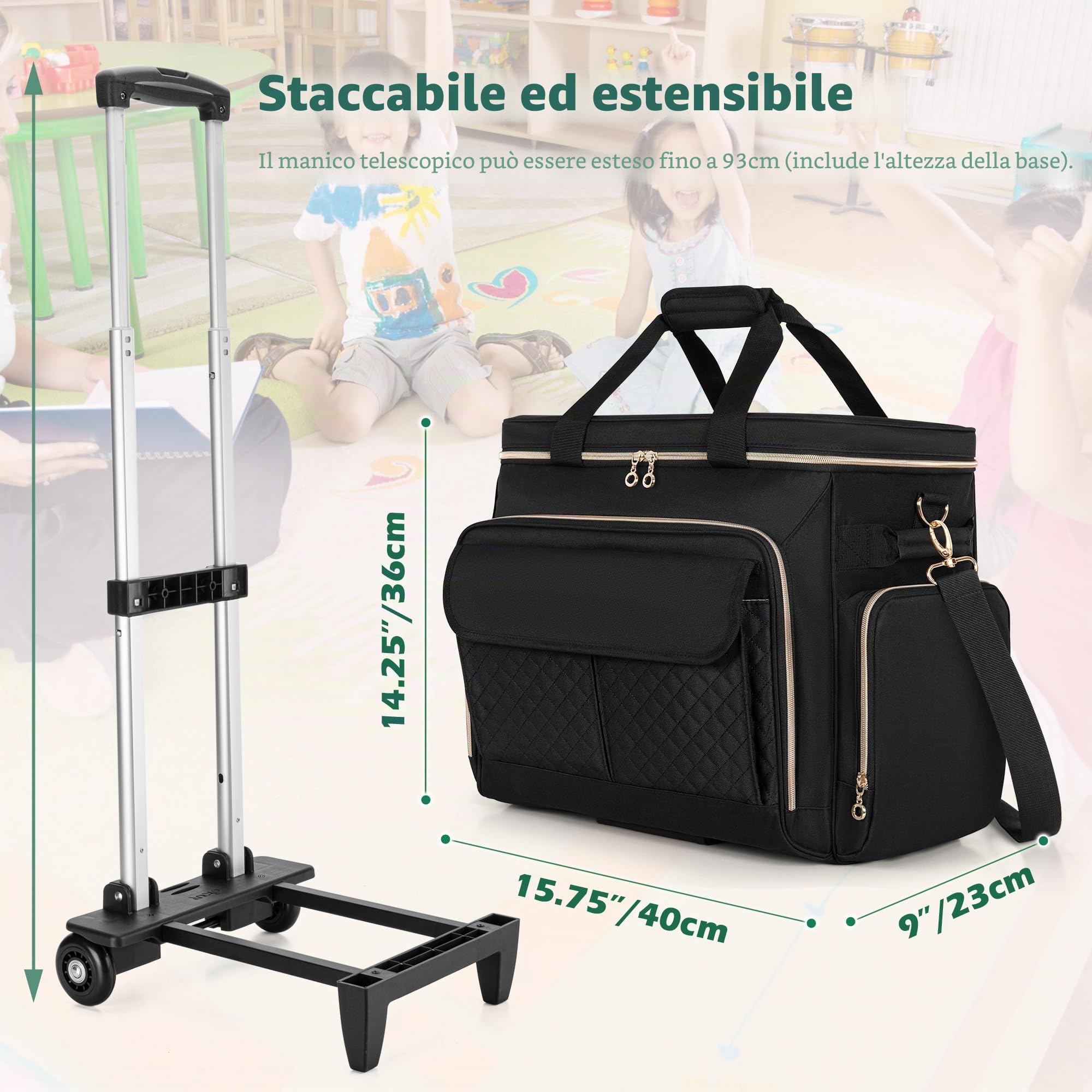 Luxja Borsa per Insegnante con Rotelle con Scomparto per Laptop, Nero | Borsa da Lavoro per Insegnanti con Carrello Staccabile e Area File della Fisarmonica (Solo Borsa)