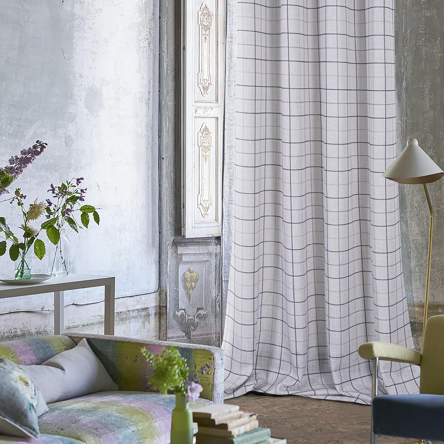 always4u Linen Look Plaid Curtains Modern Beige Grey Check Curtain for Living Room Bedroom 84 Inches Long Grommet Farmhouse Window Drapes Set of 2