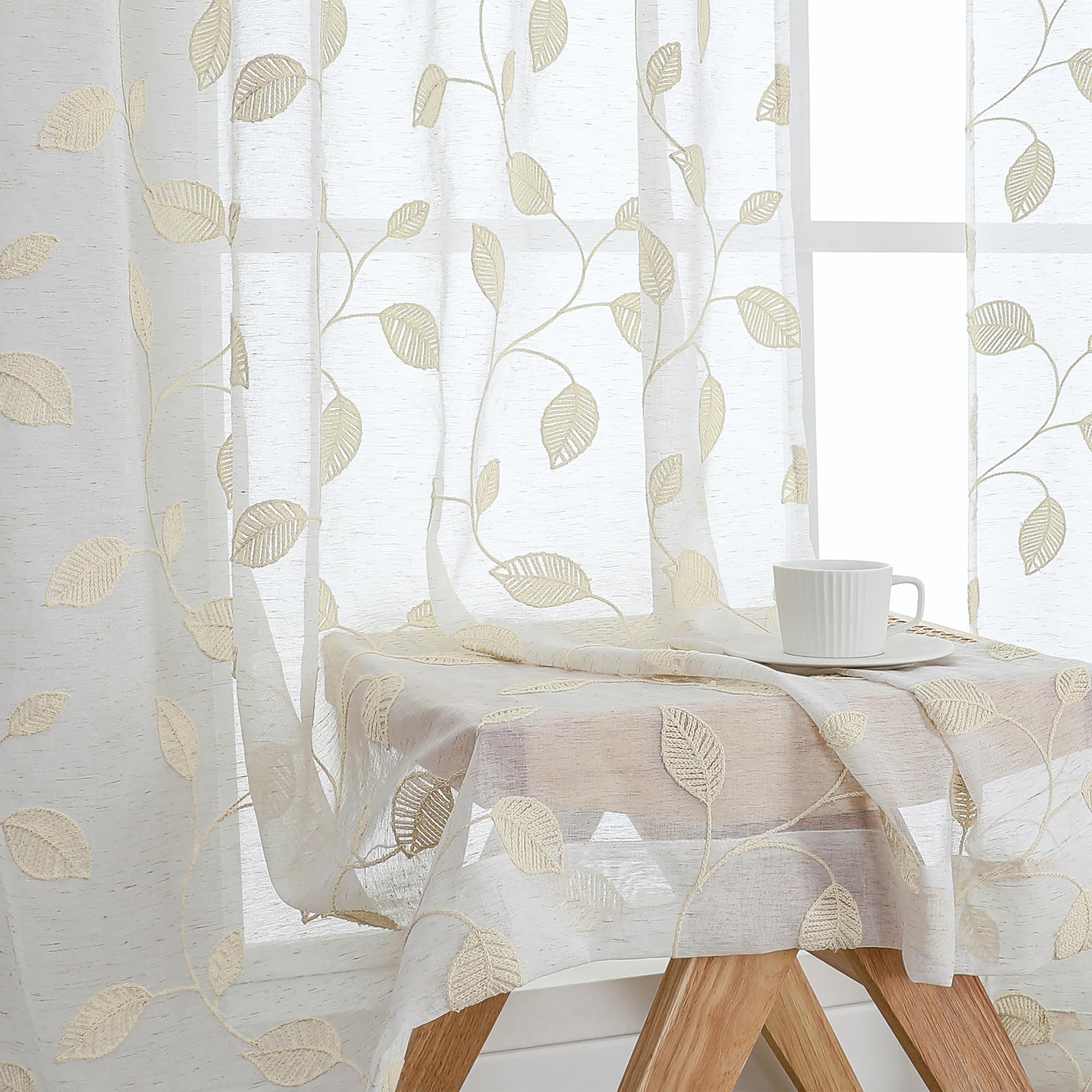 OVZME Sheer Curtains - Embroidered Leaf Drapes -14