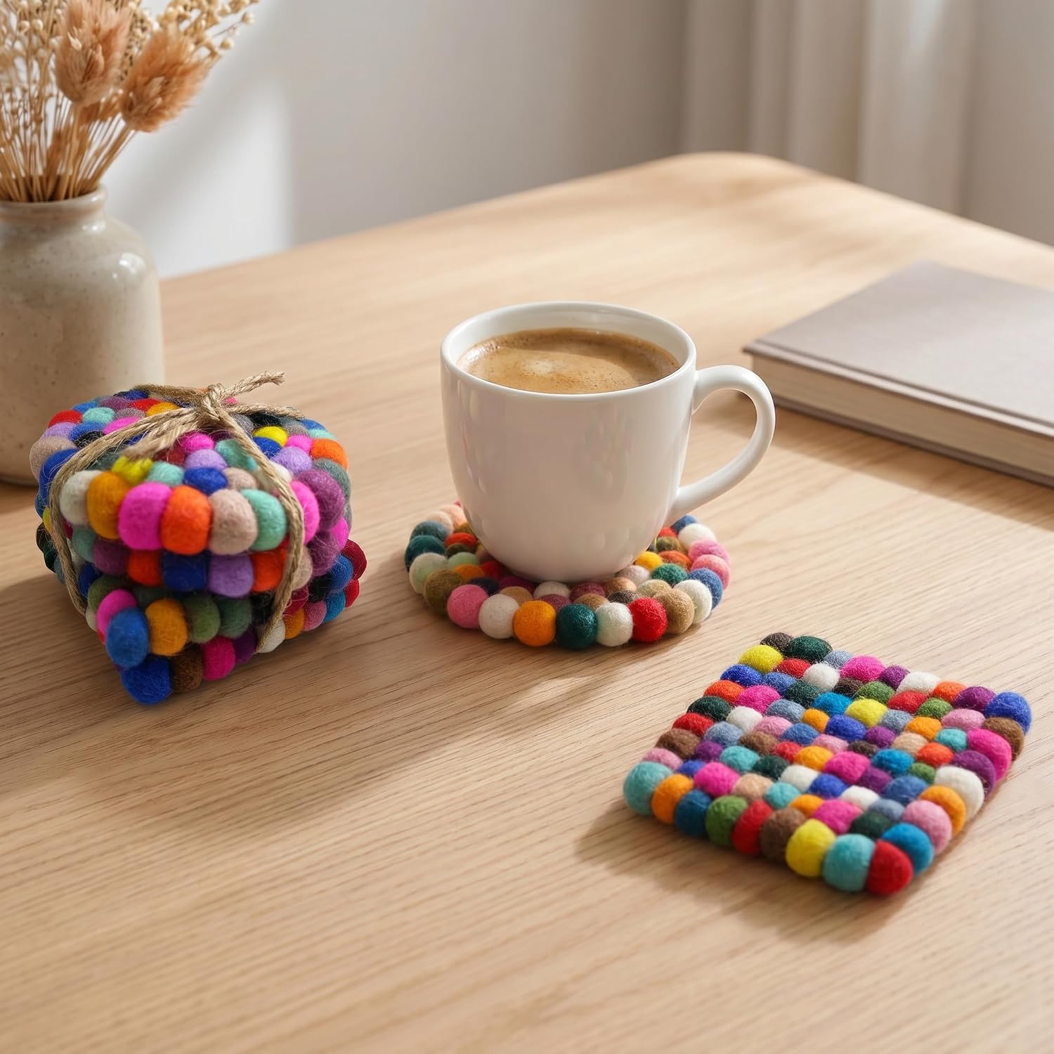 Round Felt Ball Coasters, Colorful Absorbent Cup Pads, Set of 4