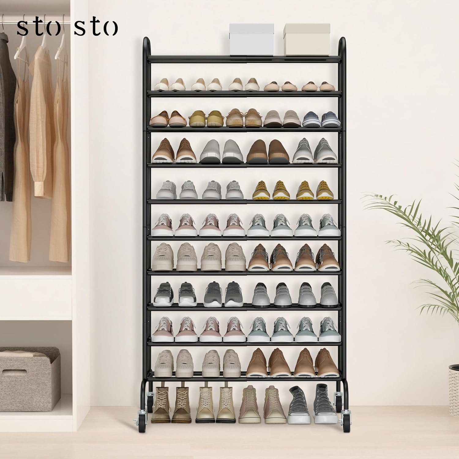 STO STO Expandable Shoe Rack, 10-Tier Metal Tall Shoe Rack for Garage, Up to 44 Pairs Adjustable Shoe Rack Storage for Front Door Entrance, Free Standing Shoe Rack Organizer for Entryway, Black