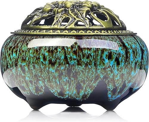 Miniatura 12 de Quemador de incienso con soporte para varillas de incienso Calabash, cenicero de carbón de porcelana para uso con cono de polvo granular de resina