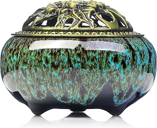 Incense Burner with Calabash Incense Stick Holder - Porcelain Charcoal Censer for Use with Resin Granular Powder Cone or Coil Incense (Kiln-Colored Blue)