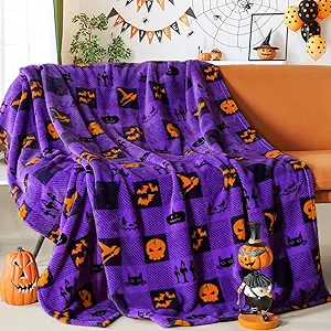 Touchat Halloween Blanket, Fleece Throw Blankets, Buffalo Plaid Throw Blanket for Couch Sofa Bed, Soft Warm Fuzzy Cozy Plush Checkered Blanket, Farmhouse Fall Decor, Purple