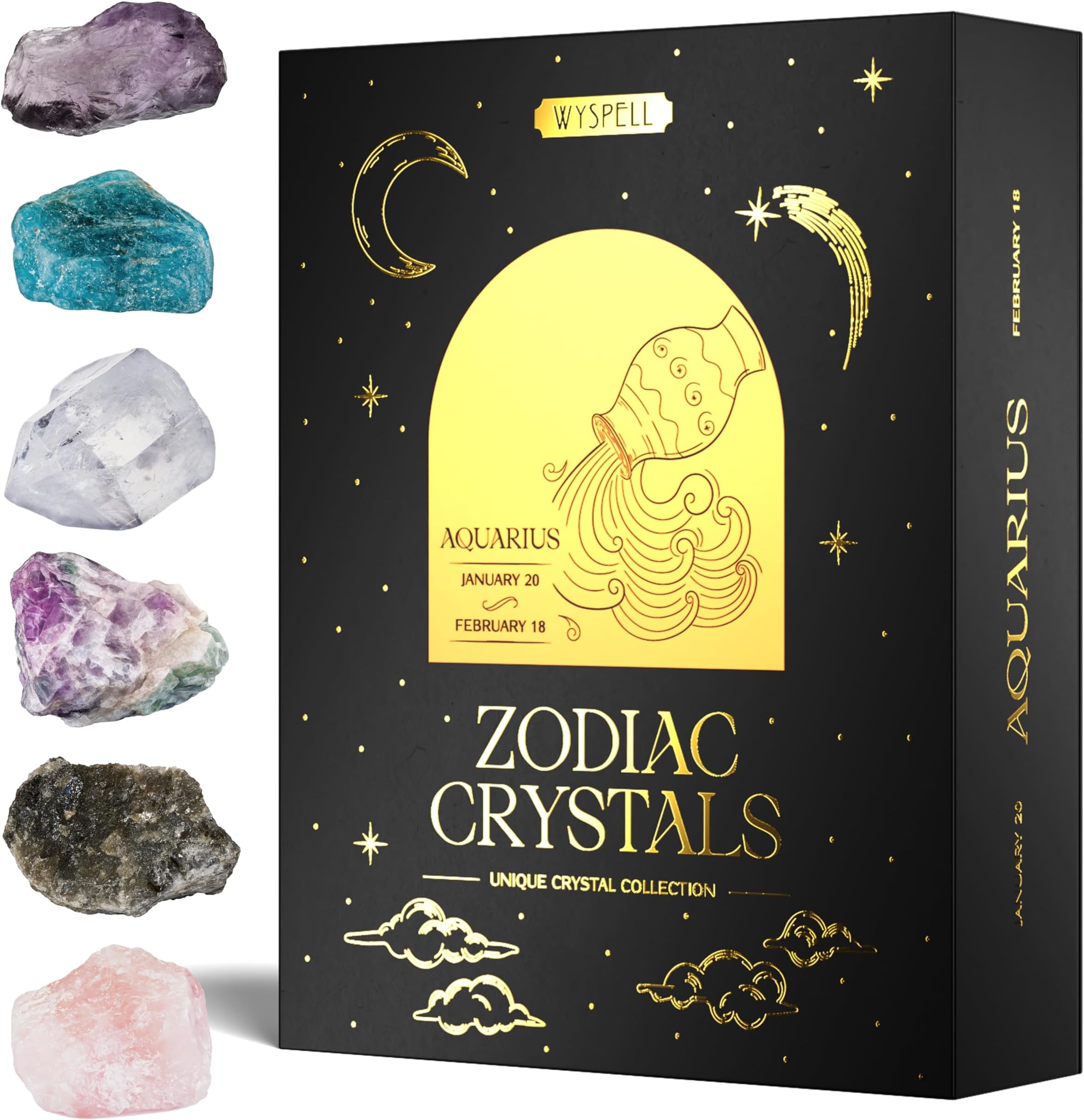 Wyspell Aquarius Crystal Set - 6 Raw Aquarius Crystals and Healing Stones - Aquarius Gifts for Women - Birthday Gifts for Women - Astrology Gifts for Women - Zodiac Crystal Set - Healing Gifts