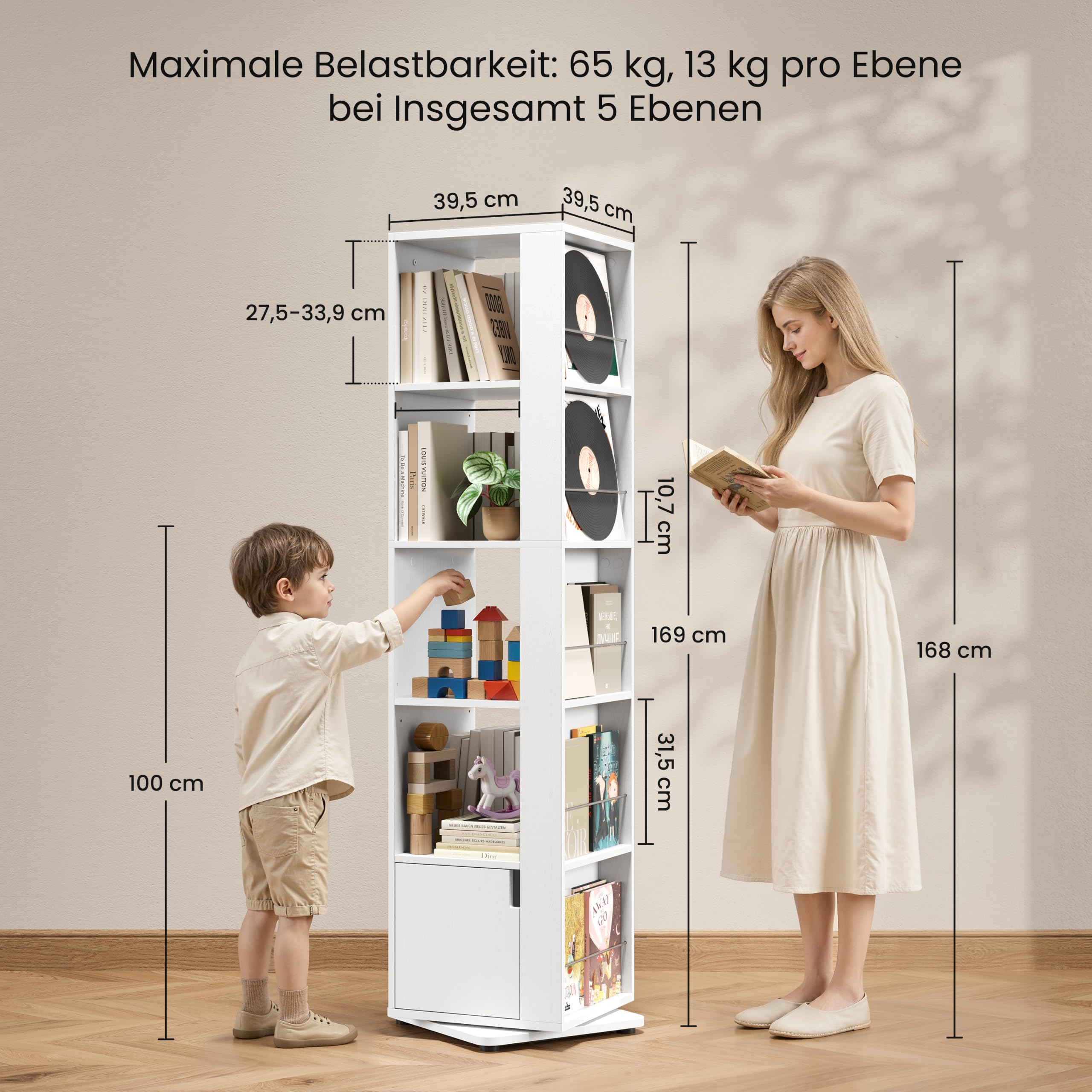 Yaheetech 5 Ebenen Drehbares Bücherregal 360 Grad, 20 Fächer Standregal, 42 × 42 × 169 cm, Drehregal Dekoregal Lagerregal mit Verstellbaren Einlegeböden, für Wohnzimmer, Schlafzimmer, Büro (Weiß)