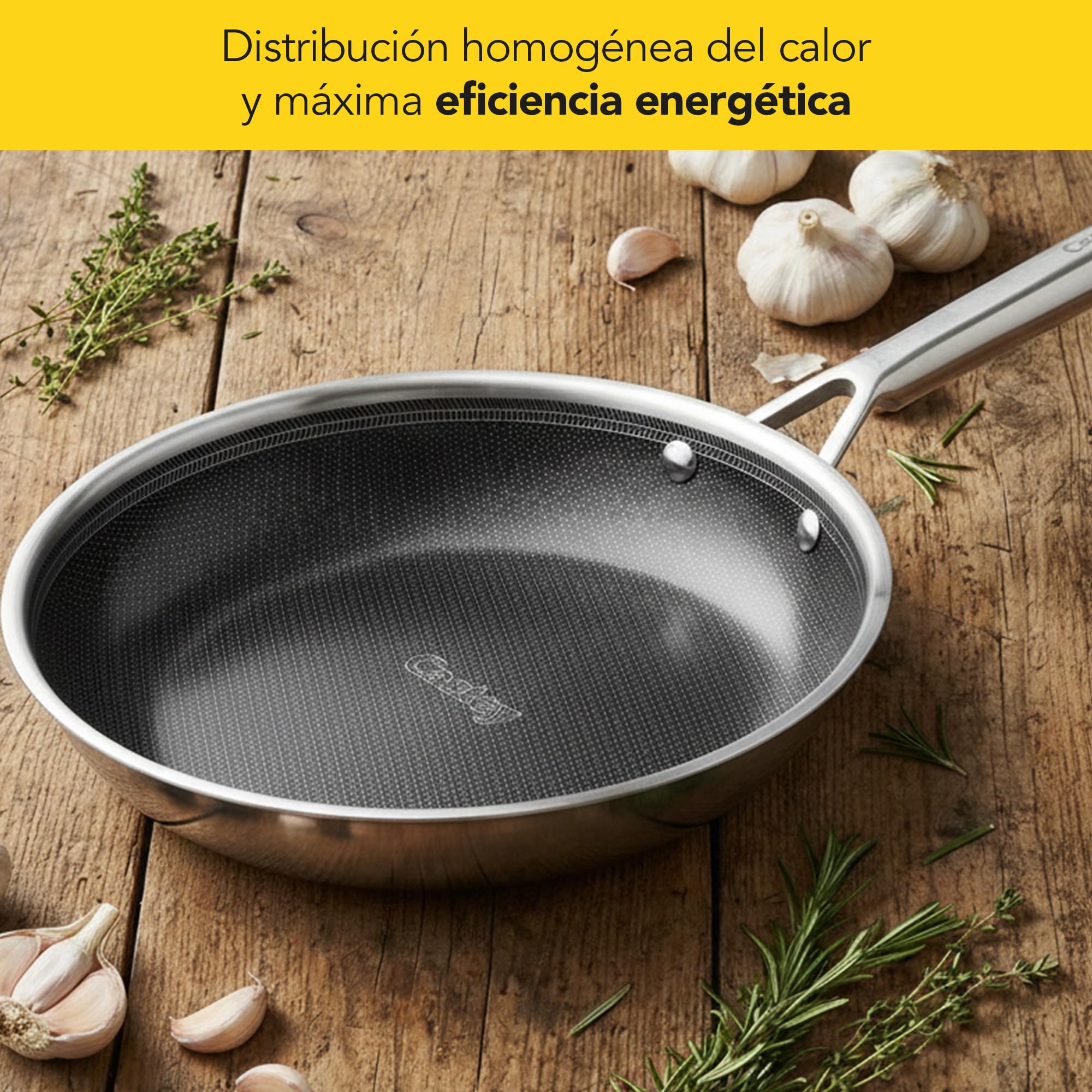 Castey - Sartén de Inducción Malmö Trimetal BeeTech, Modelo MBE-S22, Tamaño 22 cm, Acero Inoxidable 18/10 y Mango Ergonómico, Revestimiento Cerámico BeeTech Sin PFAS, para Todas las Cocinas
