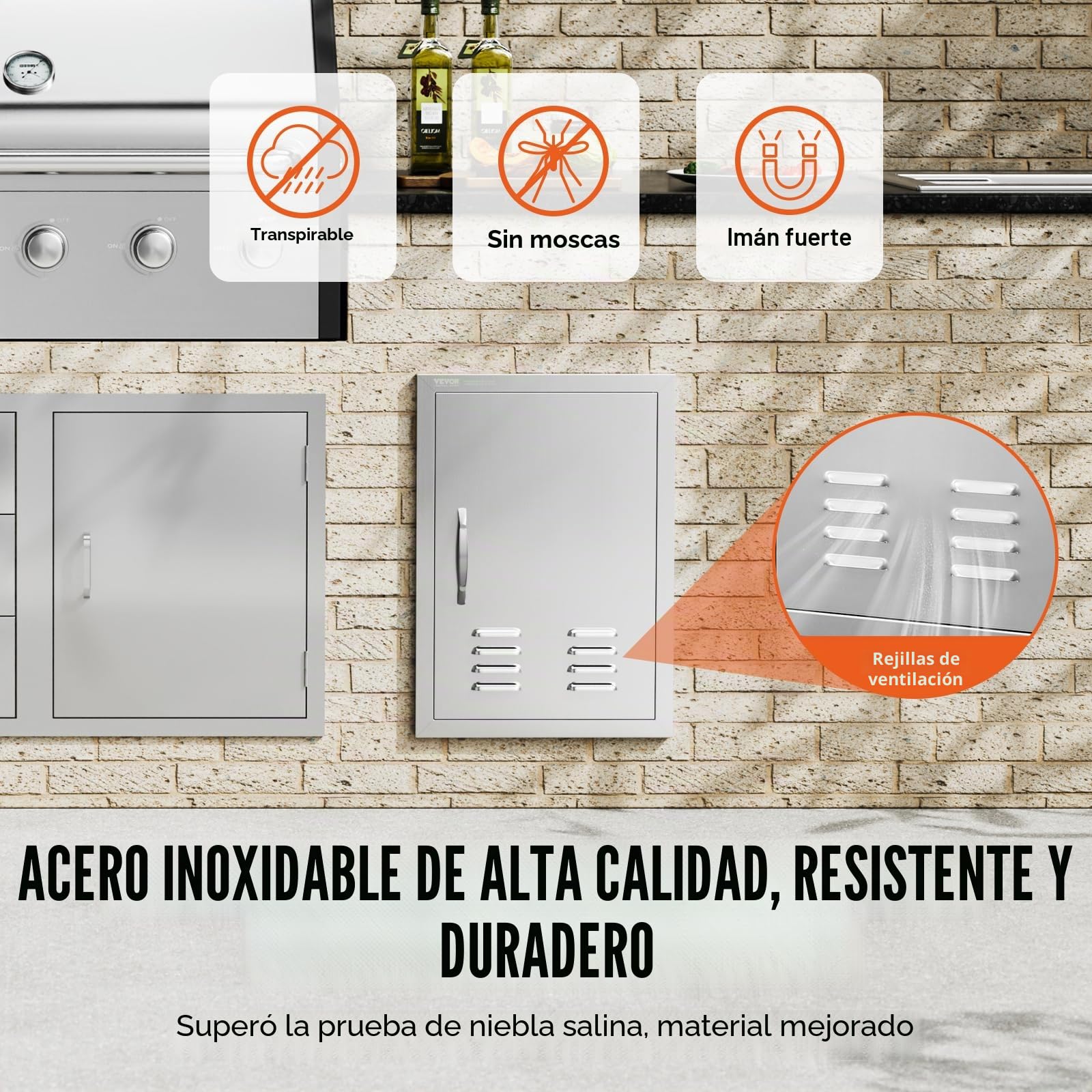 VEVOR - Puerta de acceso para barbacoa y cocina exterior, 610 x 431 x 45 mm, puerta empotrada en acero inoxidable, con asas, ventilaciones y ganchos, para isla de barbacoa, estación de