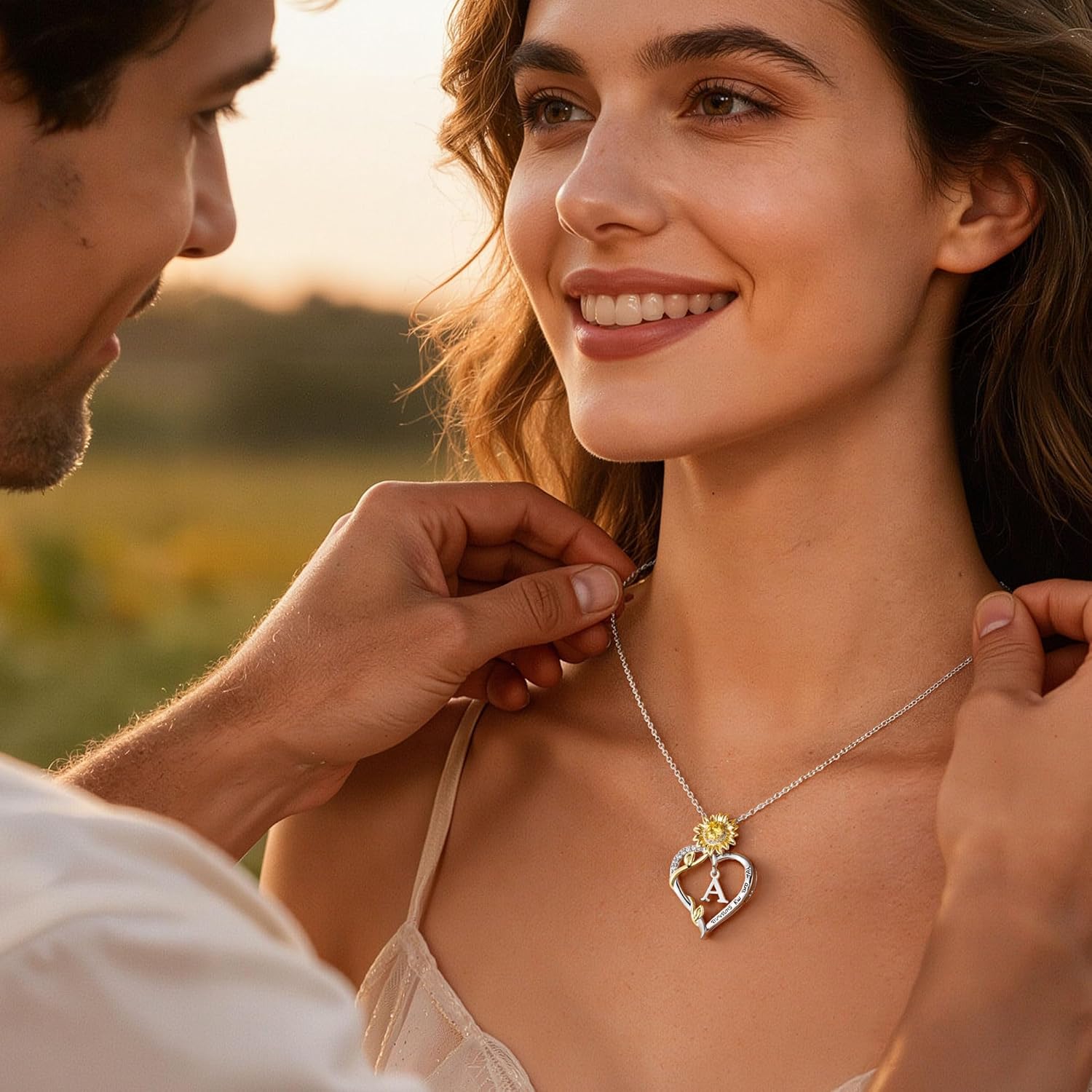 Turandoss Mothers Day Gifts for Mom, Dainty 14K White Gold Plated Initial A-Z Heart Sunflower CZ Pendant Necklace You Are My Sunshine Birthday Jewelry Mothers Day Gifts for Mom Daughter