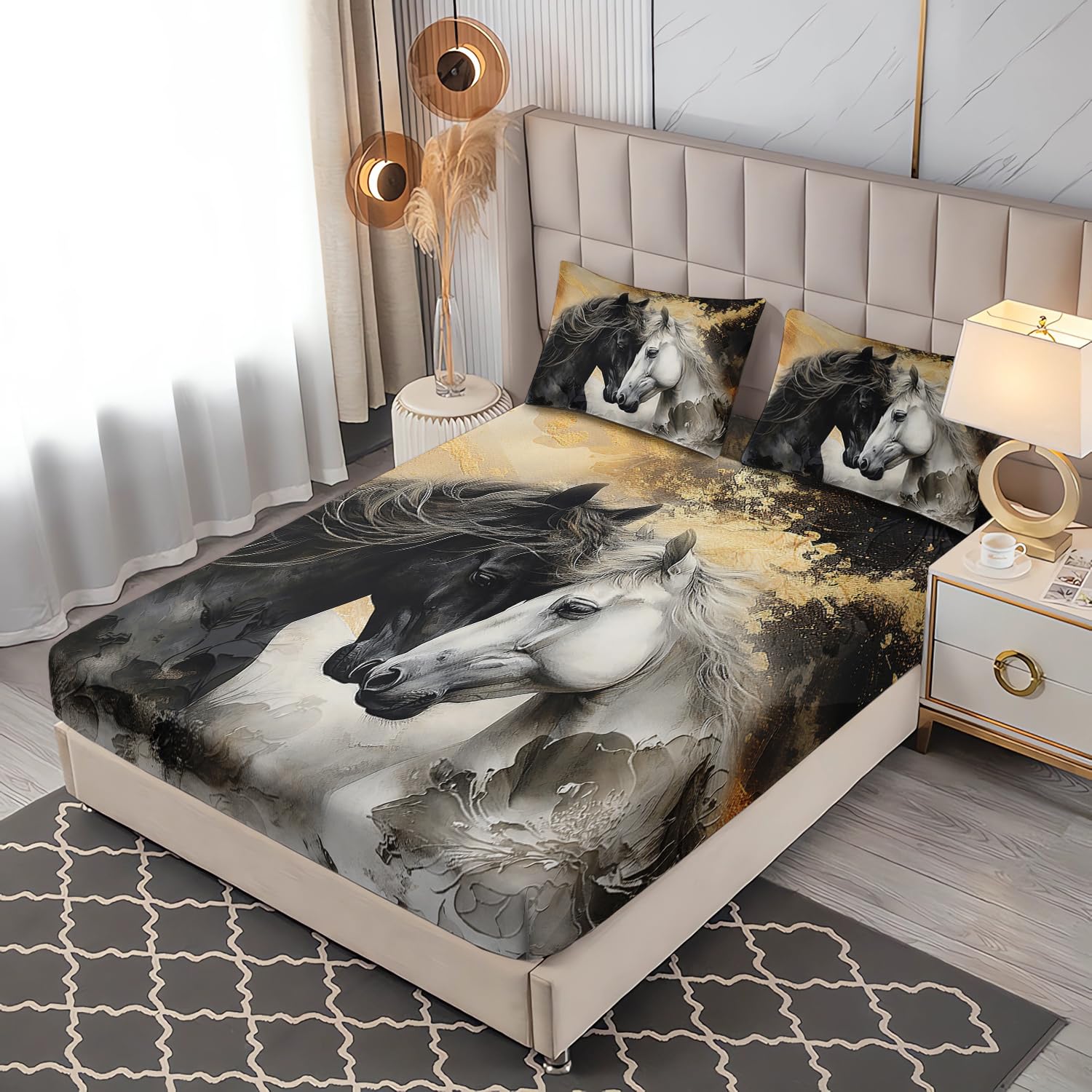 UEVBF Black White Horses Fitted Sheets Aesthetics Bedding Twin Size,Golden Ink Painting Flora Bedding Set for Kids Adults Boys Girls Bedroom Horse Decor,1 Fitted Sheet+2 Pillowcases.