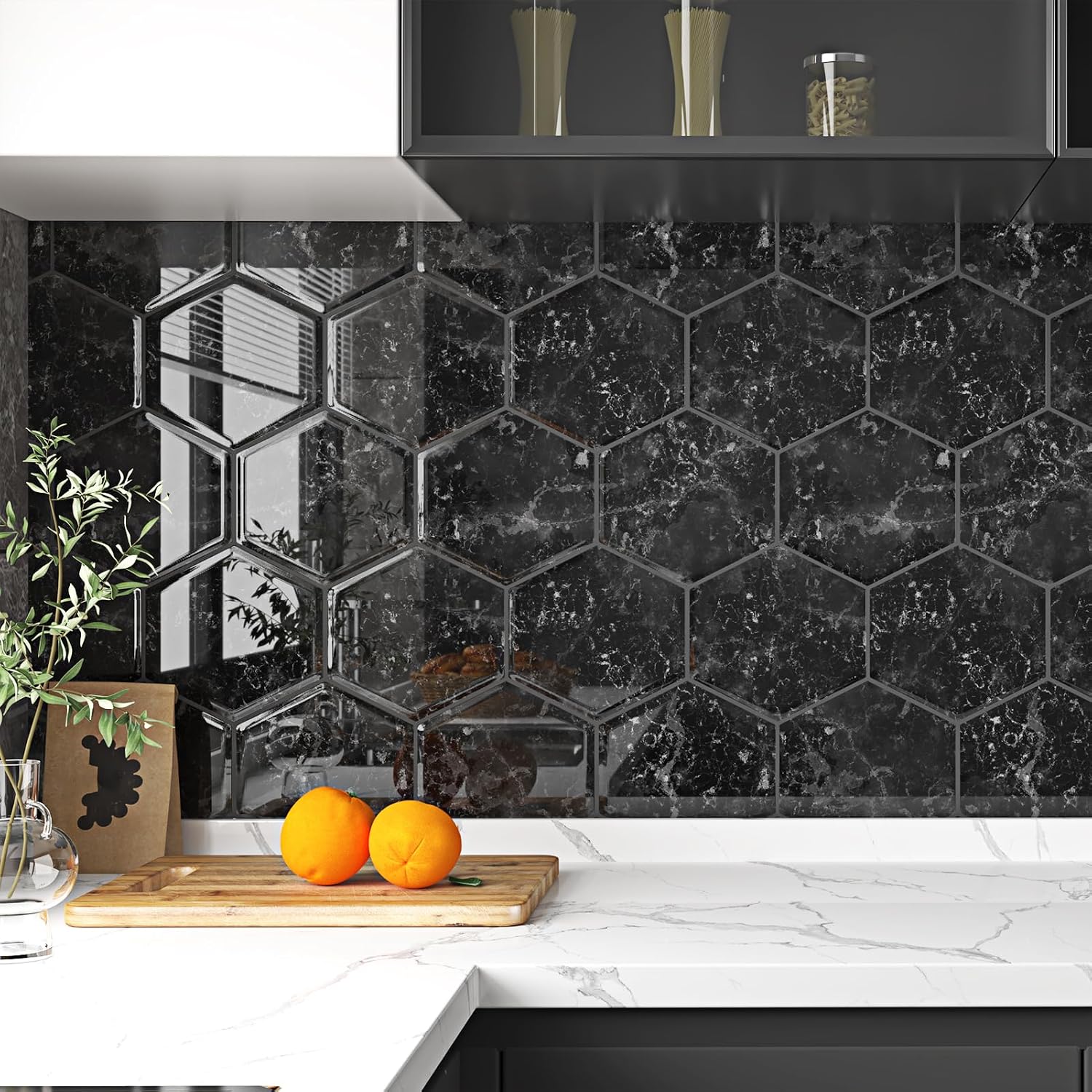 Black Hexagon Peel and Stick Backsplash Marble Tile Sticker Renter Friendly Backsplash Waterproof Wall Tiles Honeycomb Stick on Back Splash for Kitchen Bathroom Shower Wall Laundry Room