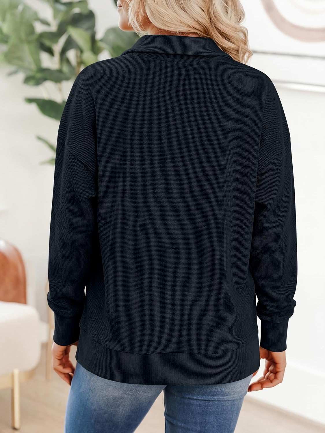 ANRABESS Women's Waffle Knit Henley Collared Sweatshirt | Lightweight Soft Thermal ,Regular Fit Long Sleeve Half Button Pullover Tops,for Casual Daily & Preppy，Spring & Fall Weather