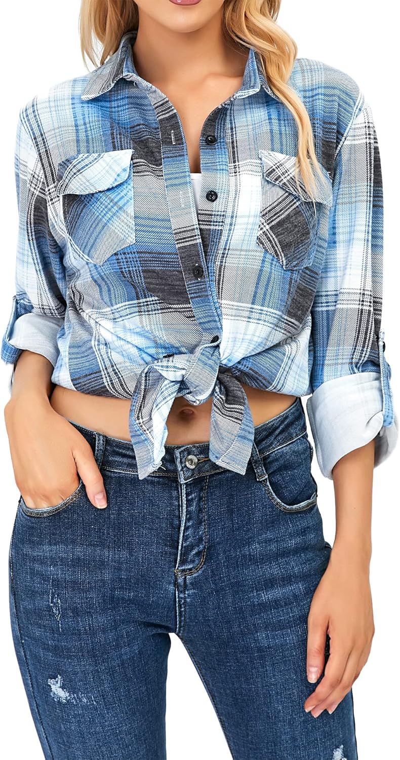 Oyamiki Womens Casual Cuffed Long Sleeve Boyfriend Button Down Plaid Flannel Shirt Tops - Image 2